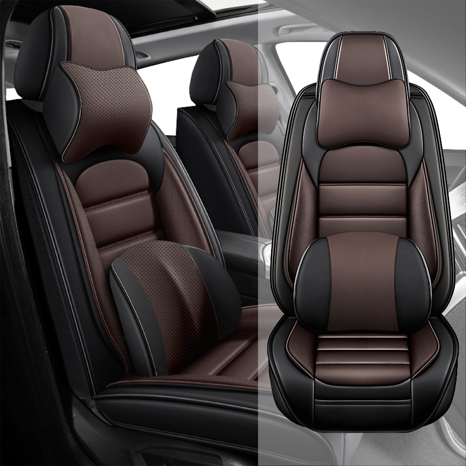 Fit for 95% of Cars SUVs Seat Covers,Car Seat Cover Protector,Waterproof Front Car Seat Covers(Luxury-Black&amp;Coffee)