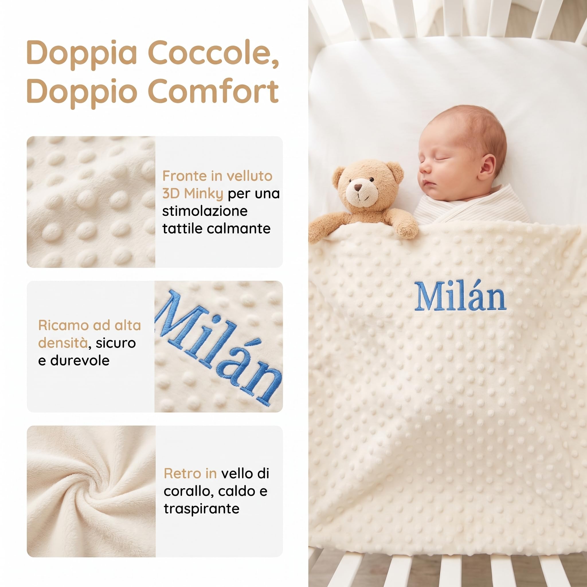 variouss Coperta per neonati personalizzata con nome ricamato, pile ultra morbido con piumone, regalo di nascita, battesimo, baby shower, ragazza e ragazzo (coperta + doudou)