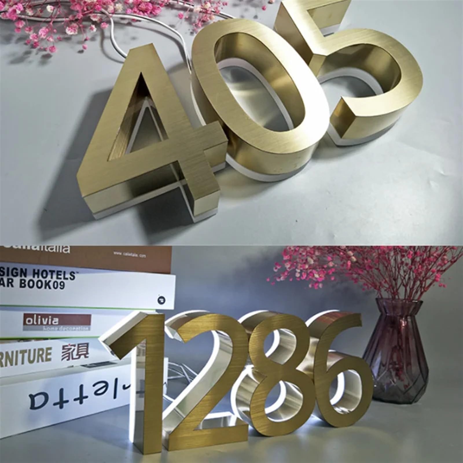 Letrero LED 3D personalizado con número de casa, placa de dirección de acero inoxidable impermeable con retroiluminación para hogar y hotel, placa de puerta compatible con energía solar (2.5 pulgadas)