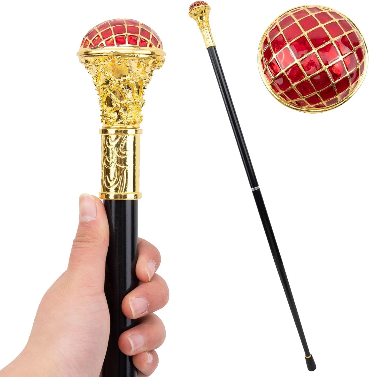 Gold-Threaded Red Grid Walking Cane, Ornate Grid Stick Removable Anti Slip Walking Stick, for Cosplay Collection Decor 89cm
