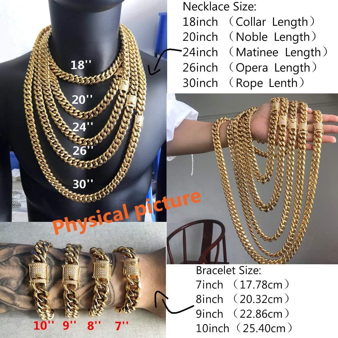 12mm 14mm 18mm メンズ ヘビーカーブリンクチェーン 18Kゴールドメッキ ステンレススチール キュービックジルコニアダ