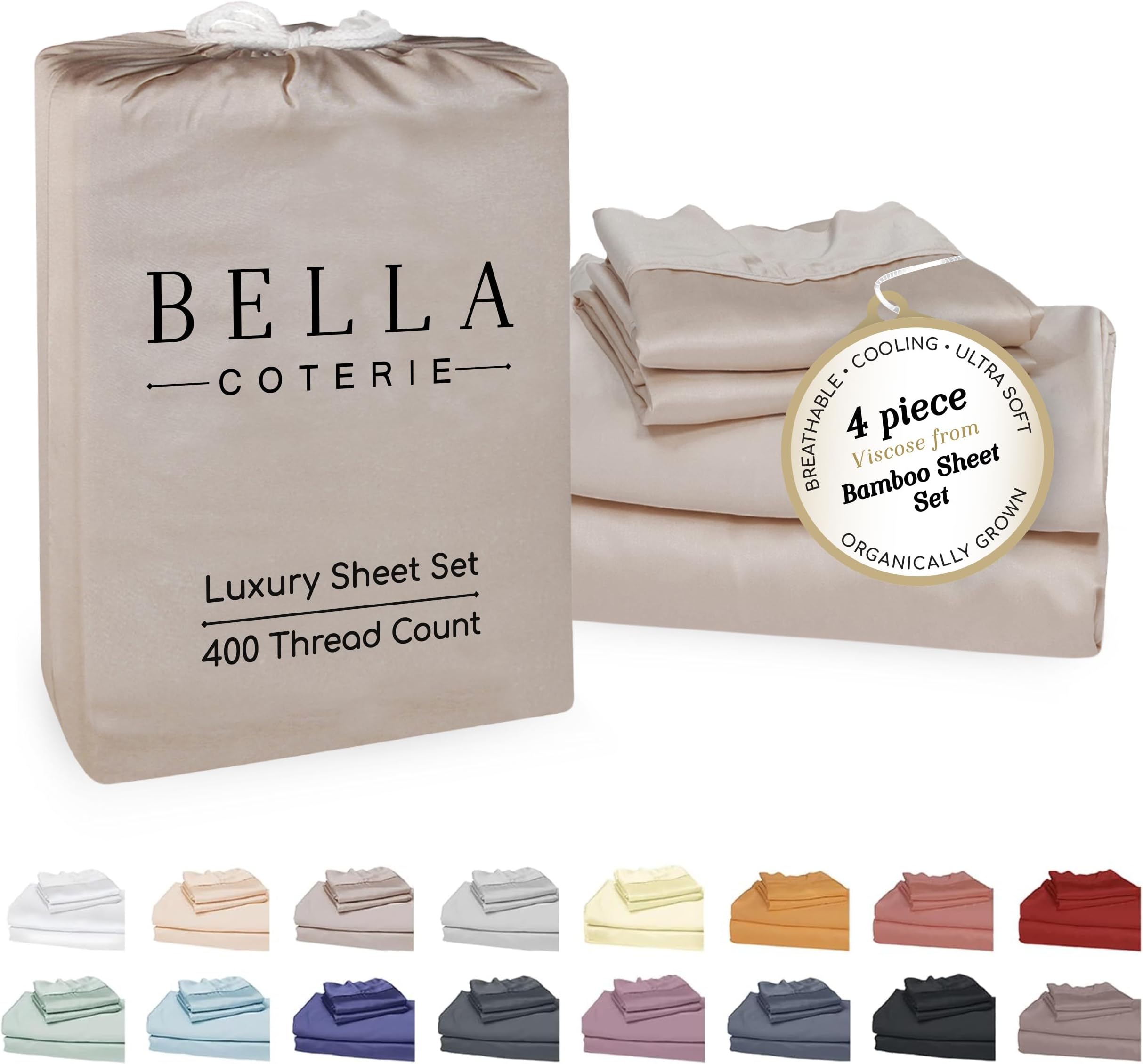 Bella Coterie Luxury Bamboo Viscose Queen Size Sheet Set | 100% Organically Grown | Ultra Soft | Cooling for Hot Sleepers | 18" Deep Pocket [Dune]