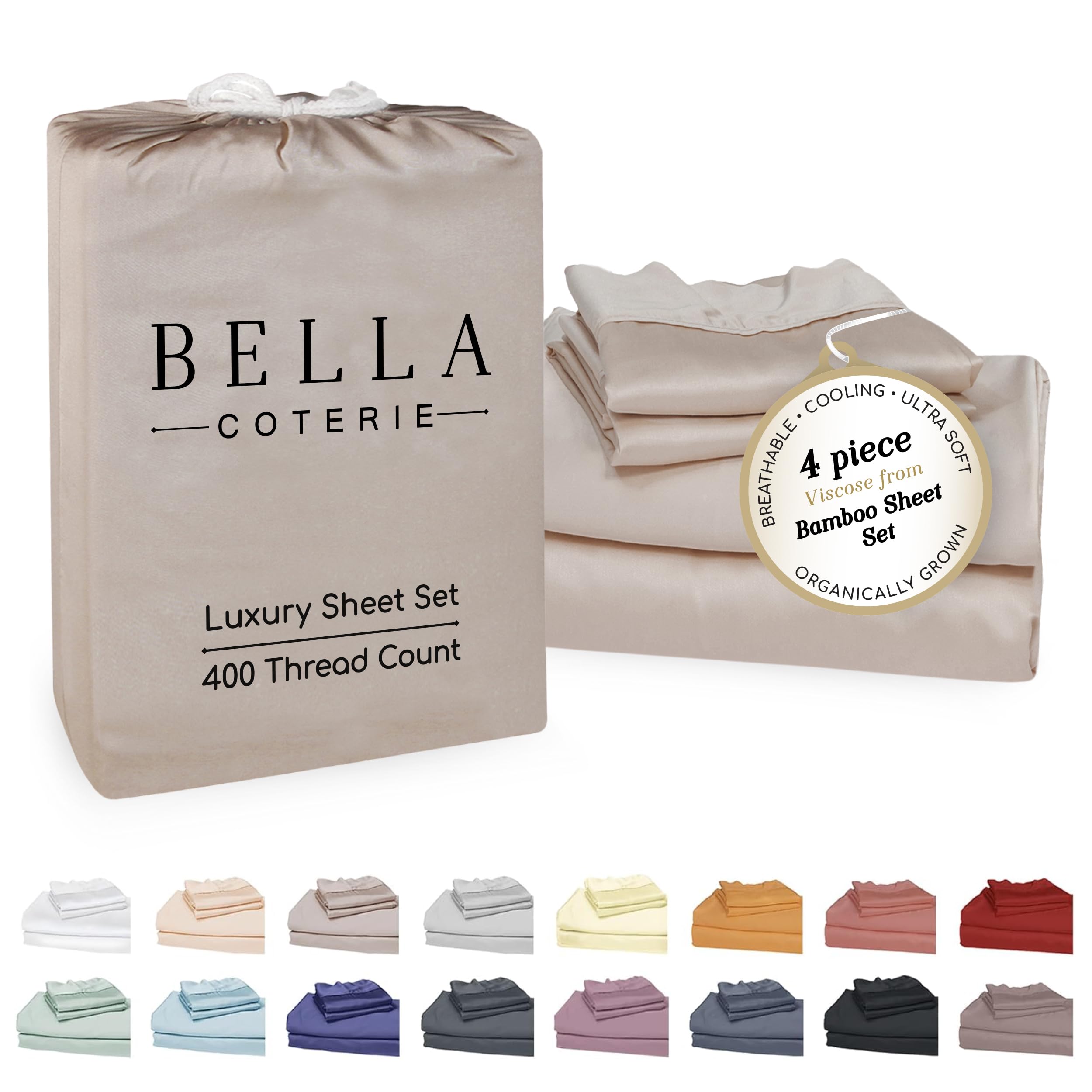Bella Coterie Luxury Bamboo Viscose King Size Sheet Set | 100% Organically Grown | Ultra Soft | Cooling for Hot Sleepers | 18" Deep Pocket [Dune]