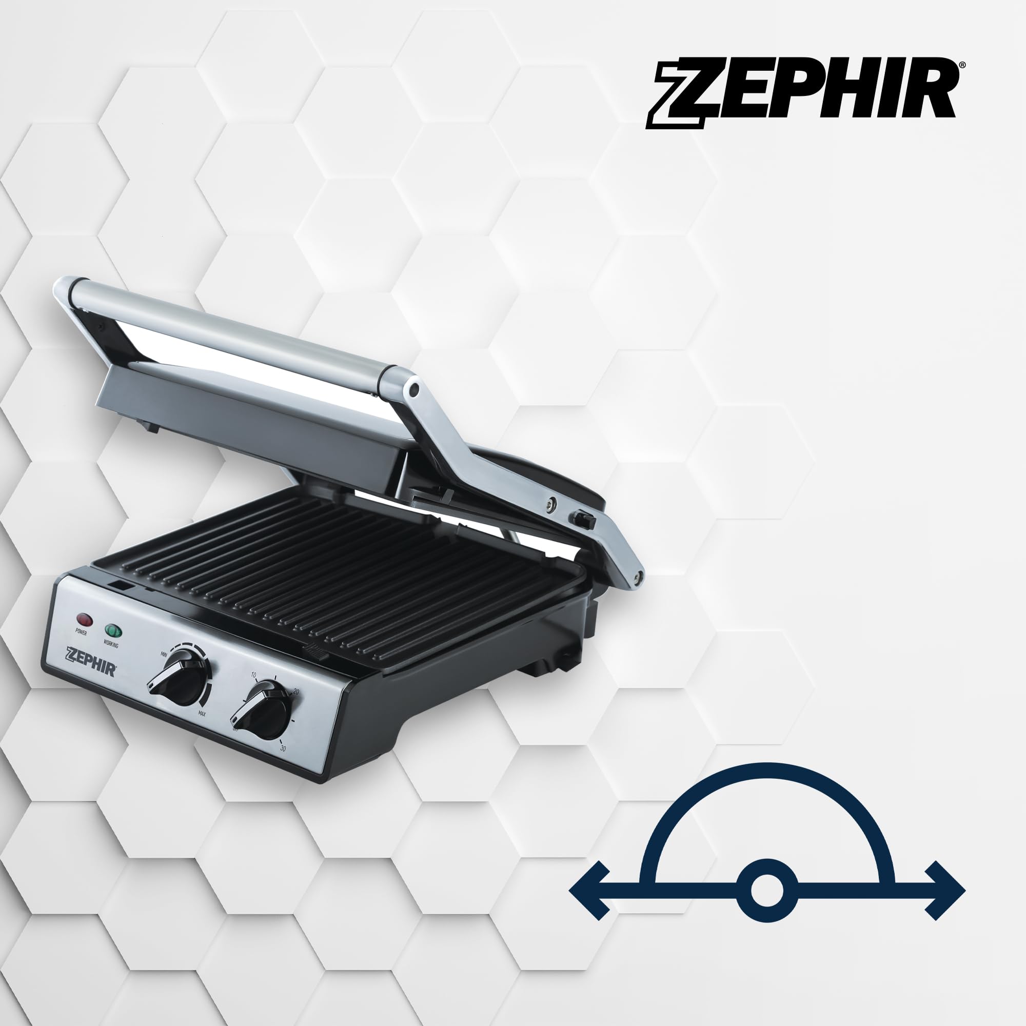 Zephir Bistecchiera Elettrica 2000W con Timer 30 Minuti, Piastre Antiaderenti Amovibili, Apertura 180°, Piastra Regolabile in Altezza, Raccolta Grassi