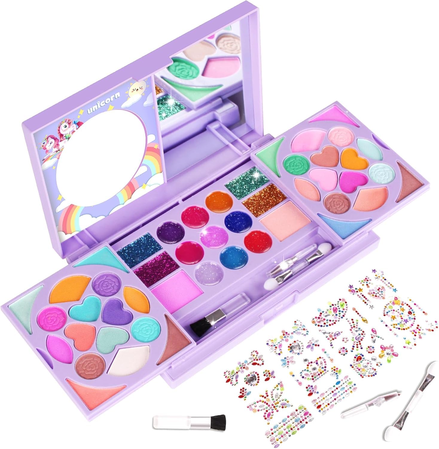 Tomons Maquillaje para niñas, Lavable, Real, Seguridad Probada, maletin Maquillaje niñas con Pinceles, Espejos y Pegatinas de Gemas, Juguetes para niñas de 3 -6, 7-8, 9 - 12 años, Morada