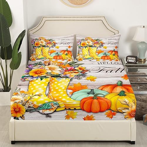 Miniatura 3 de Manfei Juego de sábanas de otoño tamaño matrimonial, juego de sábanas de 4 piezas con sábana bajera de bolsillo profundo + sábana encimera + 2