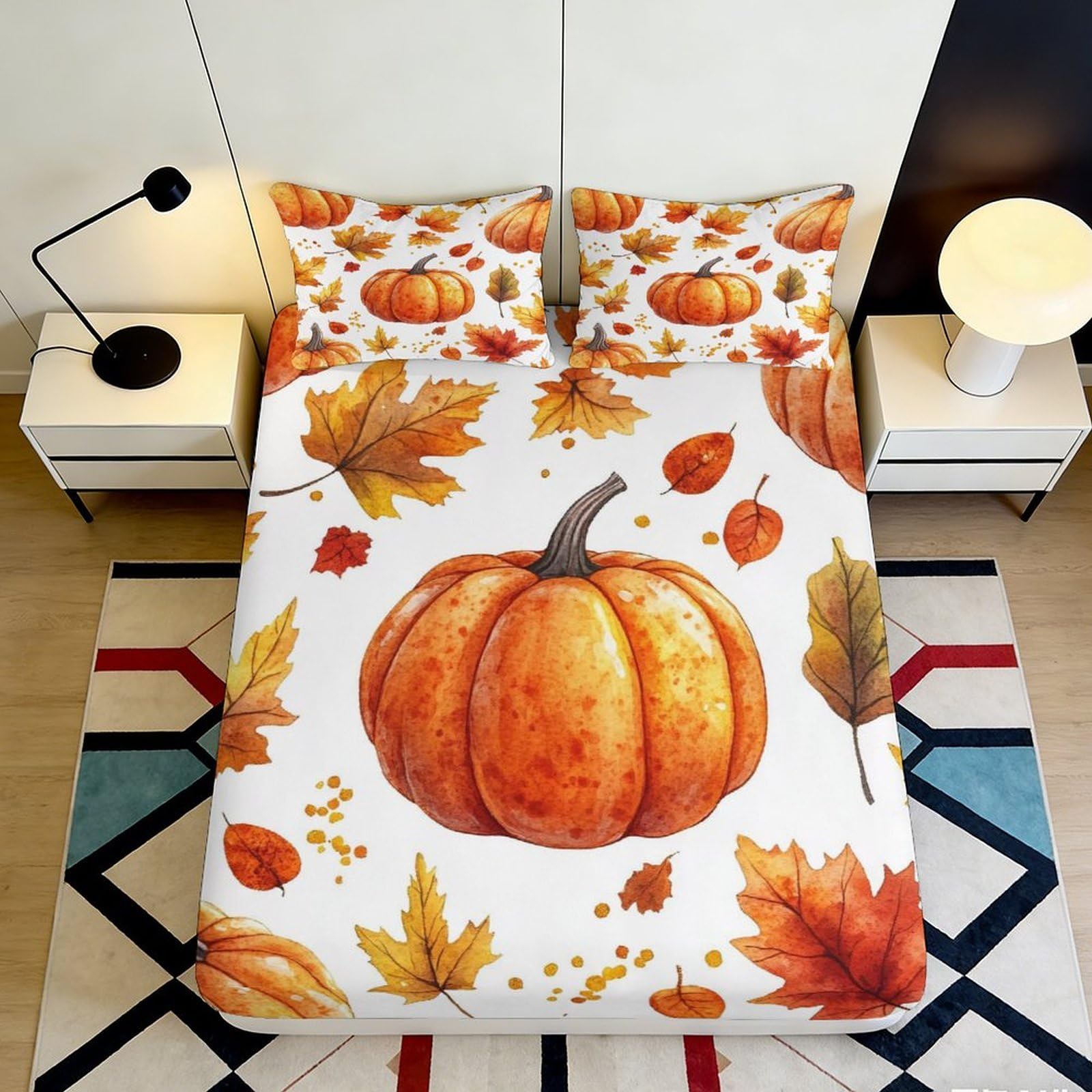 3D Printed Pumpkin Autumn Leaves Fitted Sheet Microfiber Soft Orange Bed Cover for Bedroom Guest Room Dorm Decor 90x200x25cm