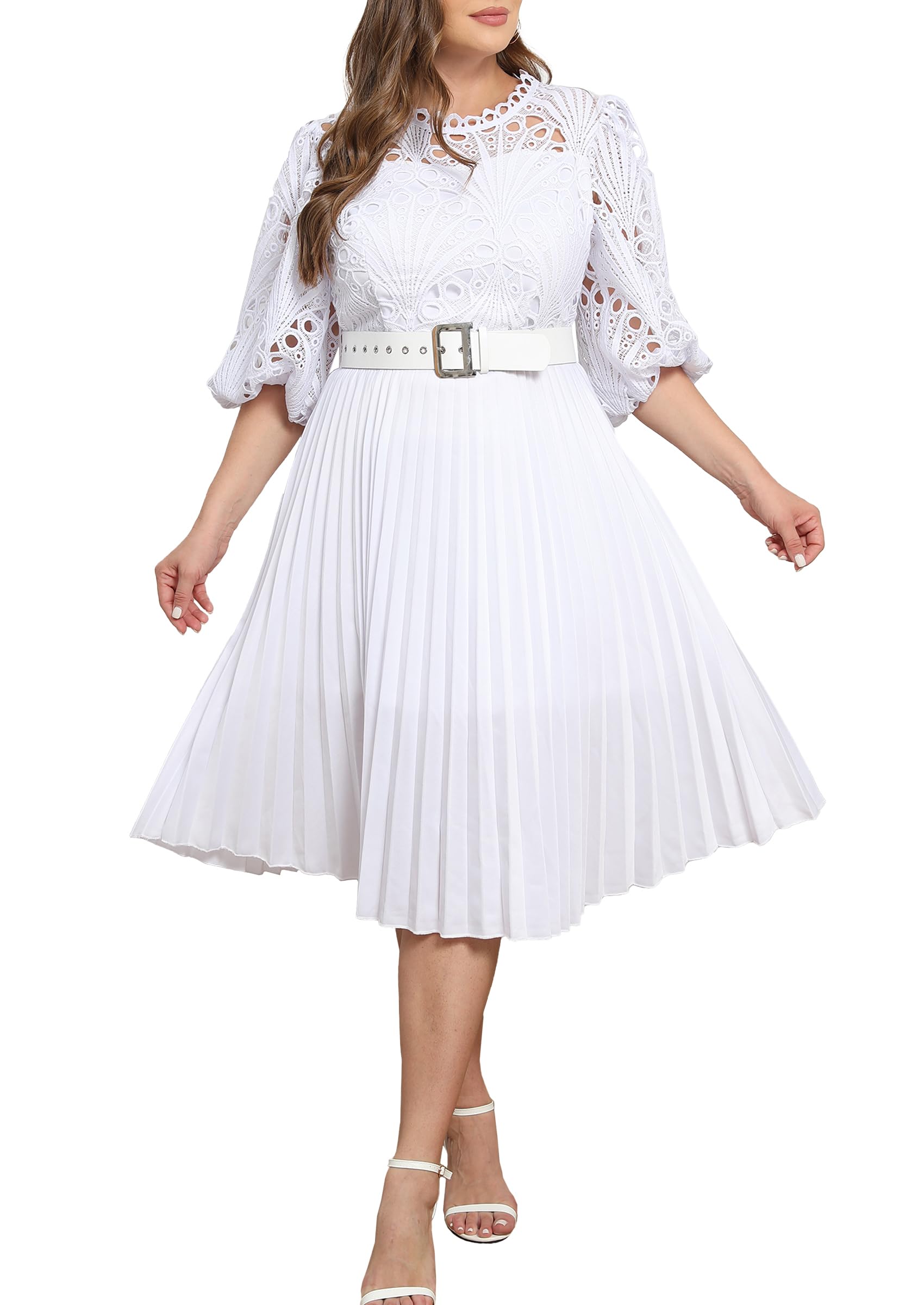 Kleid in Übergröße, Puffärmel, Spitze, plissiert, kurzärmelig, Übergröße, Midi-Kleid, hohles Party-Abendkleid