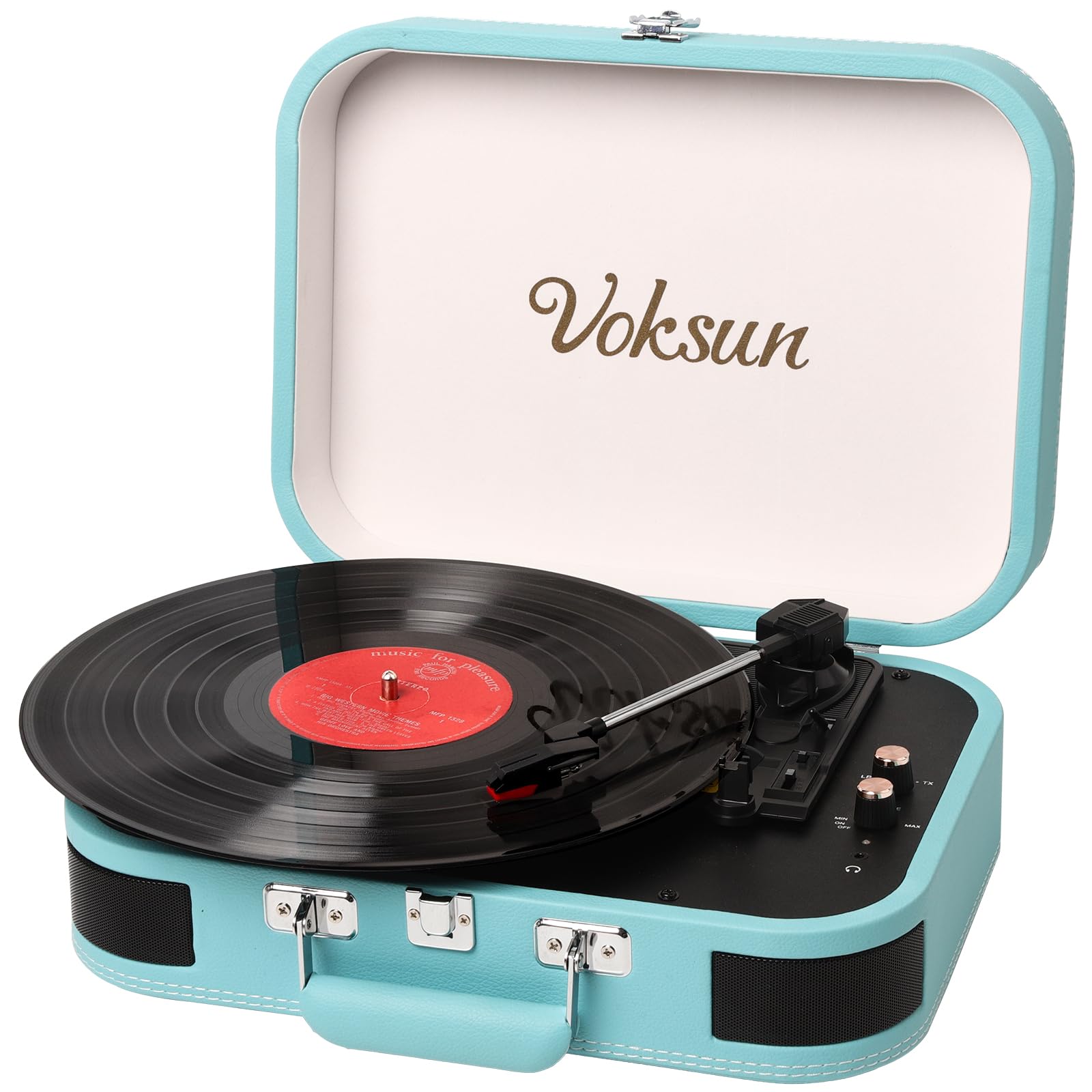 Giradischi Vinile, VOKSUN Giradischi Portatile Vintage con Altoparlanti Incorporati, Bluetooth In/Out Lettore LP Vinile con 3 Velocità, Valigia USB, In AUX, Linea RCA, Jack Cuffie, Auto-Stop (Blu)