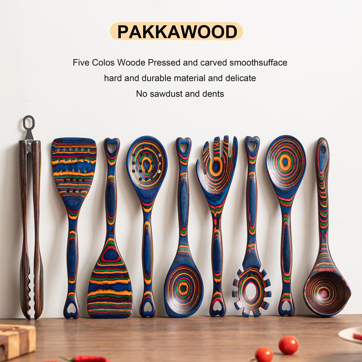 Gudamaye Pakkawood 9-Piece Rainbow Heart Wooden Utensils Set,Soup Ladle with Pour Spout and Wooden Tongs, Pakkawood Kitchen Utensils for Cooking