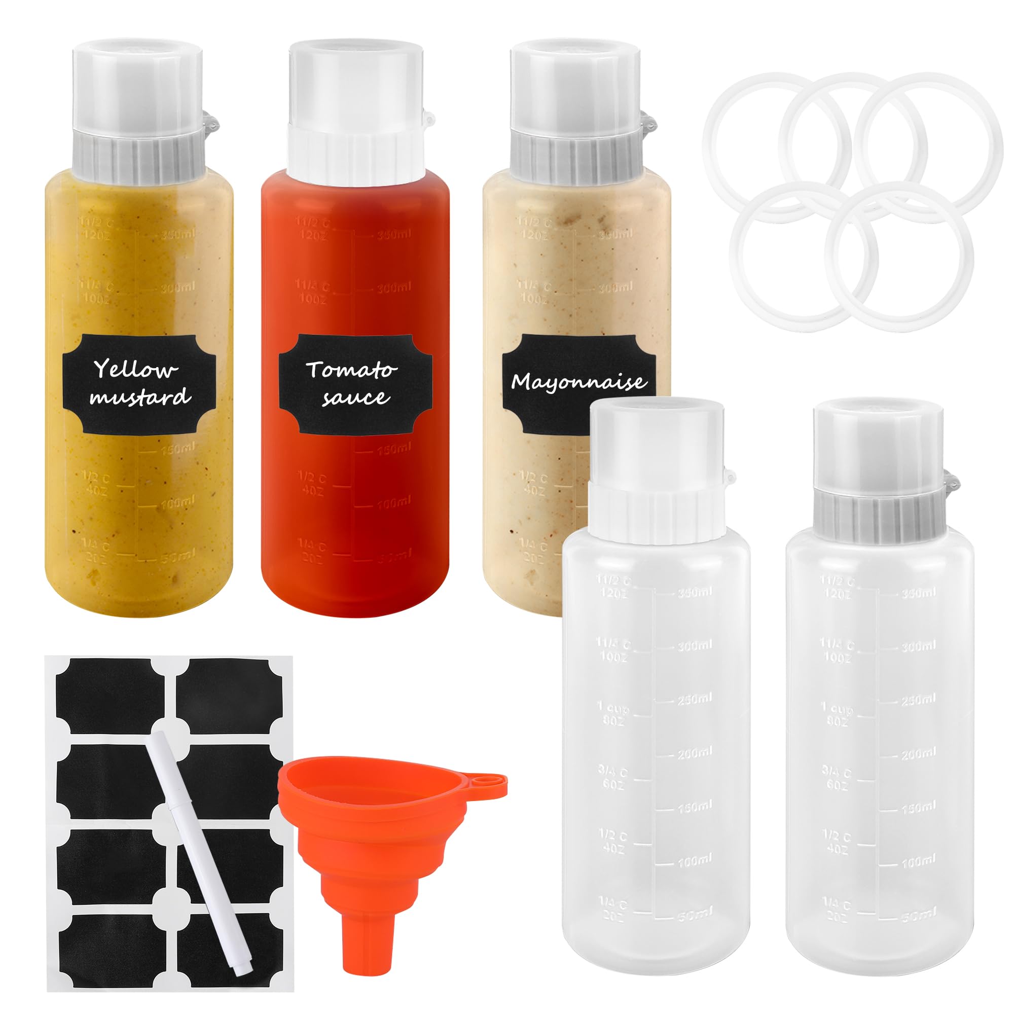 5pcs 12oz Porous Condiment Squeeze Bottles with Lids, Leak-proof Refillable 5 Nozzle Sauce Container for All Types Liquid, Plastic Five Hole Dispenser
