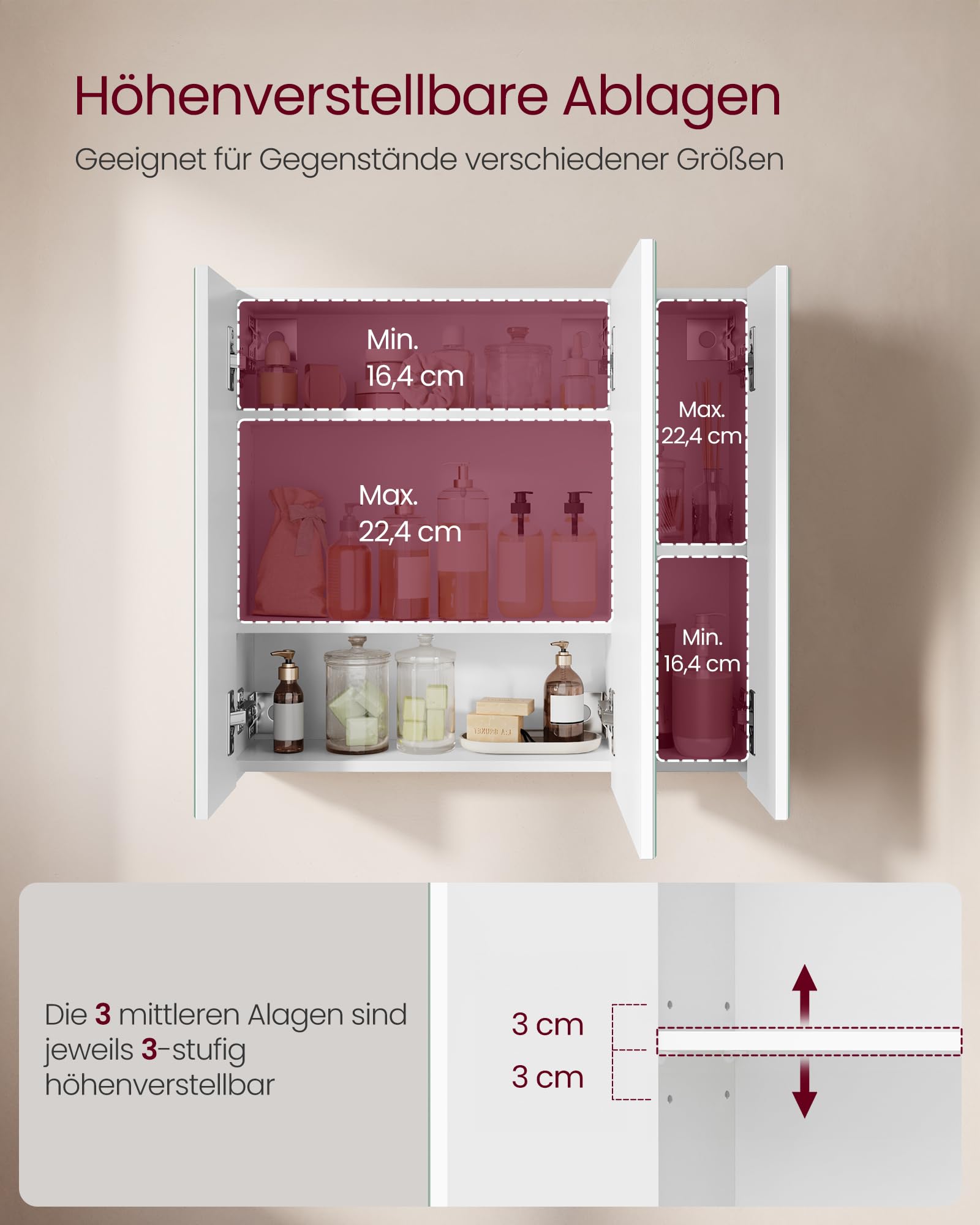 VASAGLE Kailyn Kollektion - Spiegelschrank, Badezimmerschrank, Aufbewahrungsschrank mit 3 Türen, fürs Badezimmer, 15 x 60 x 55 cm, mit verstellbaren Regalebenen, modern, weiß BBK22WT