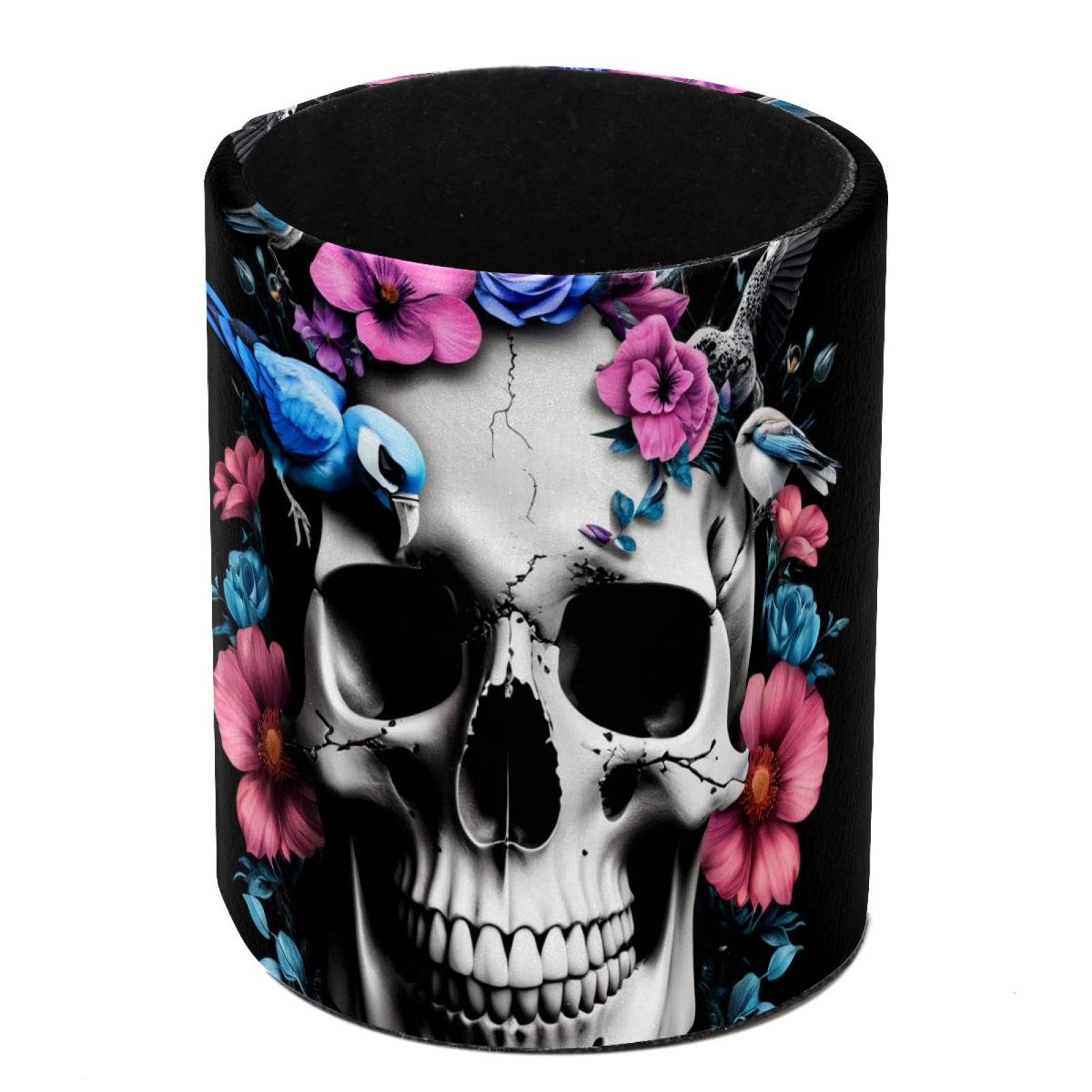 HEOEH Birds Skull Floral Pen Holder for Desk, PU Leather Pencil Holder Pen Cup Marker Holder Makeup Brush Holders, Desk Accessories & Workspace Organizers for Home, Office