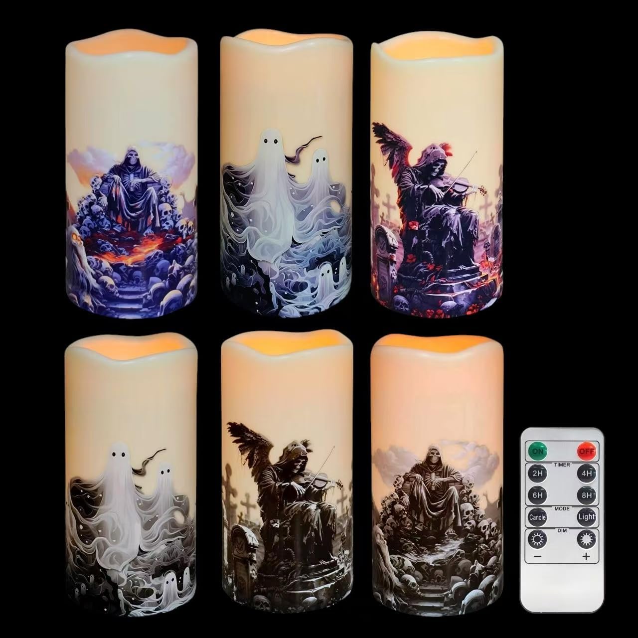 Halloween LED Flameless Candles, Gothic Design, Set of 6, 5.7x3 inch, Remote Control with Timer, Battery Operated (6, D 3 ") D 3 " 6