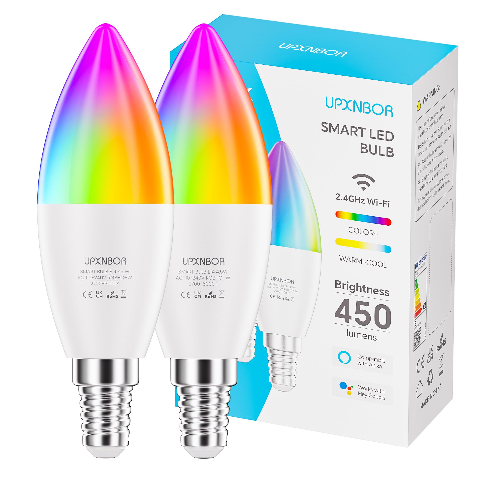 UPXNBOR Smart Glühbirne E14, 4.5W, WLAN LED Lampe RGBWW Dimmbare mit 16 Millionen Farben, 450LM, Smart Home Alexa Zubehör, Kompatibel mit Alexa & Google Assistant, 2.4GHz, 2 Stück