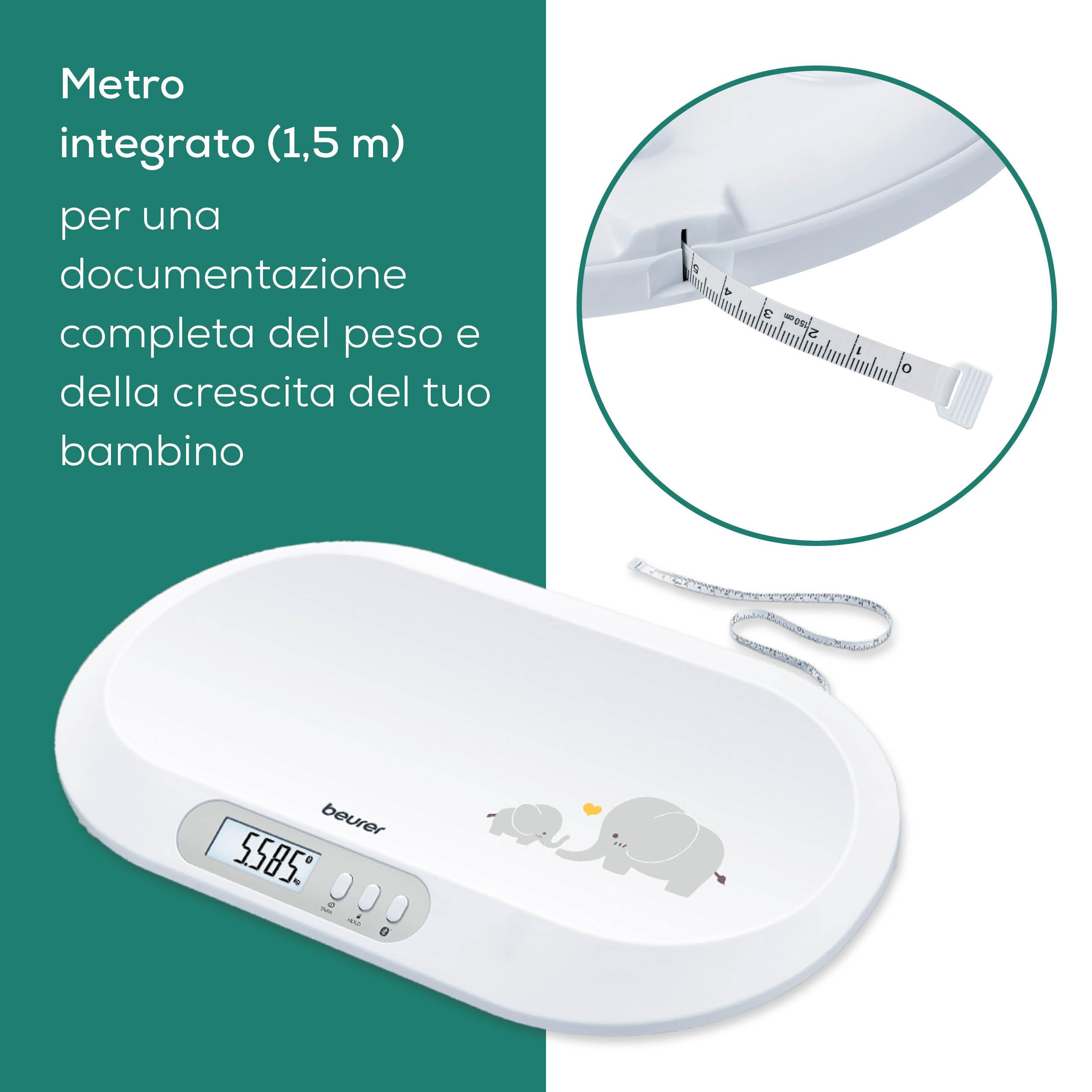 Beurer BY 90 Bilancia Pesaneonati Digitale con Connessione Bluetooth e App Beurer BabyCare, Portata 20 kg, Metro Integrato, Funzione Tara e Fermo-Pesata, Display LCD Ampio, 10 Memorie