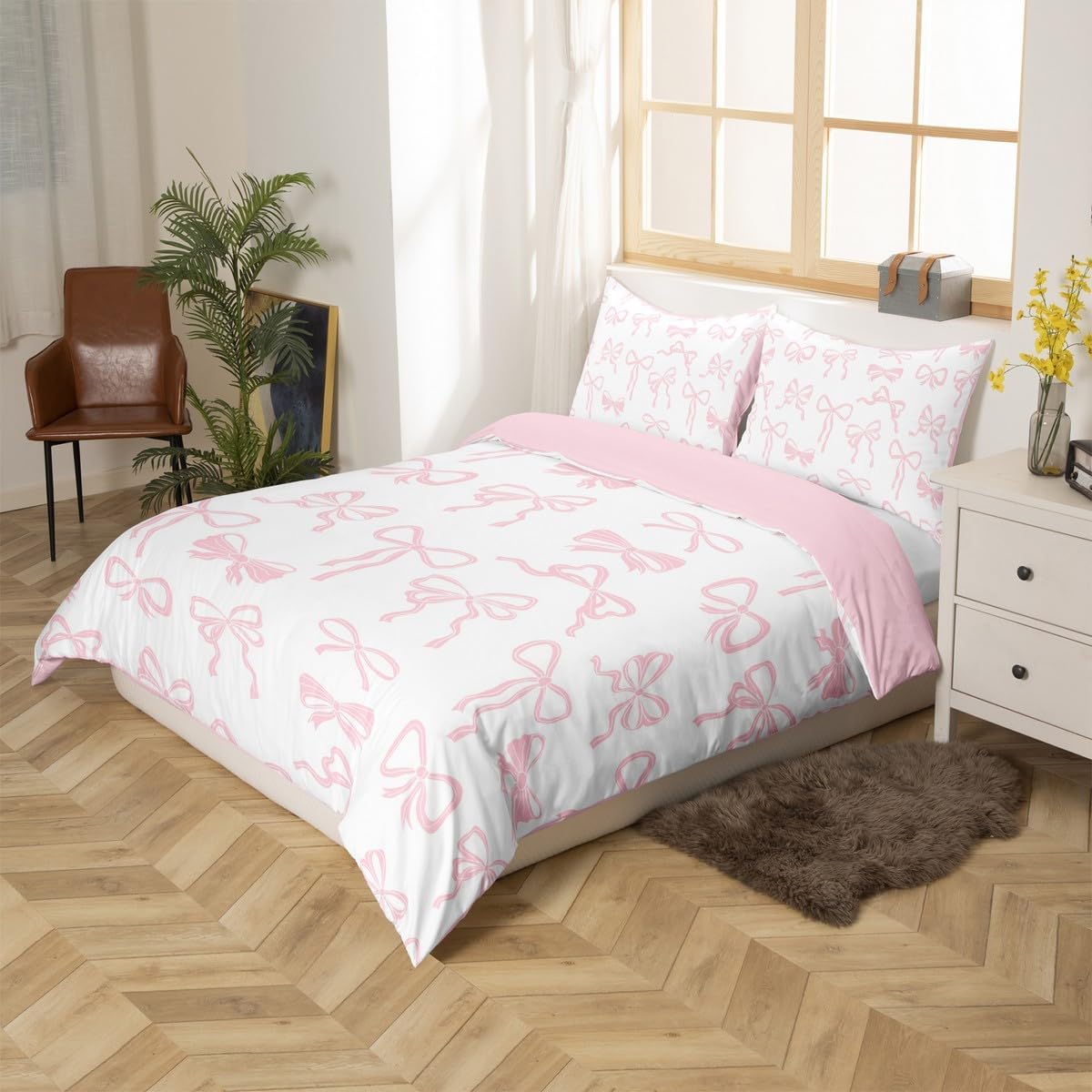 jejeloiu Pink Bow Print Bedding Set Kawaii Bowknot Duvet Cover Set for Kids Boys Girls Princess Style Comforter Cover Pink White Quilt Cover Room 2Pcs Twin Size,Zipper,No Comforter