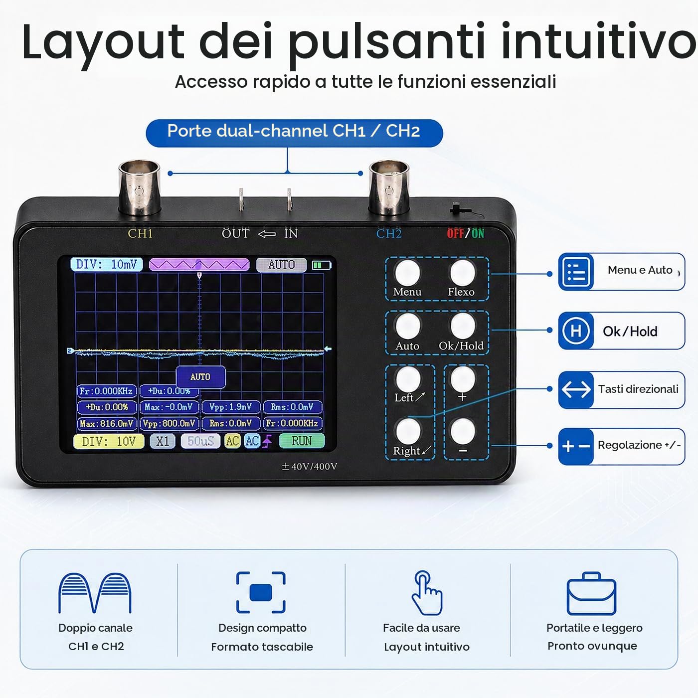 Fyearfly Oscilloscopio A Doppio Canale, Oscilloscopio Digitale Multimetro Generatore di Segnale Portatile A 2 Canali Larghezza di Banda 2 MHz con Display LCD Retroilluminato + Clip A Coccodrillo