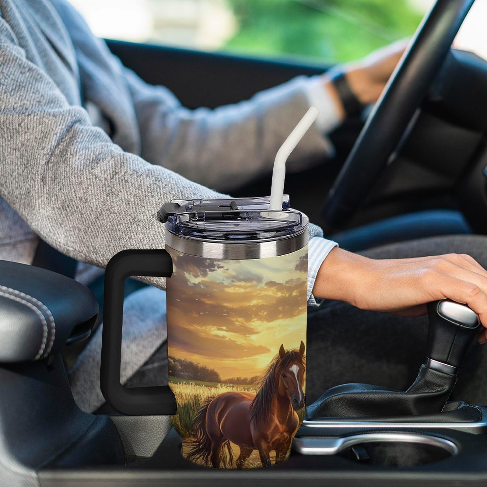 Reise-Kaffeebecher mit Griff, Motiv: Pferd, Sonnenuntergang, 1,2 l, große Kapazität, Autobecher, Wasserflasche