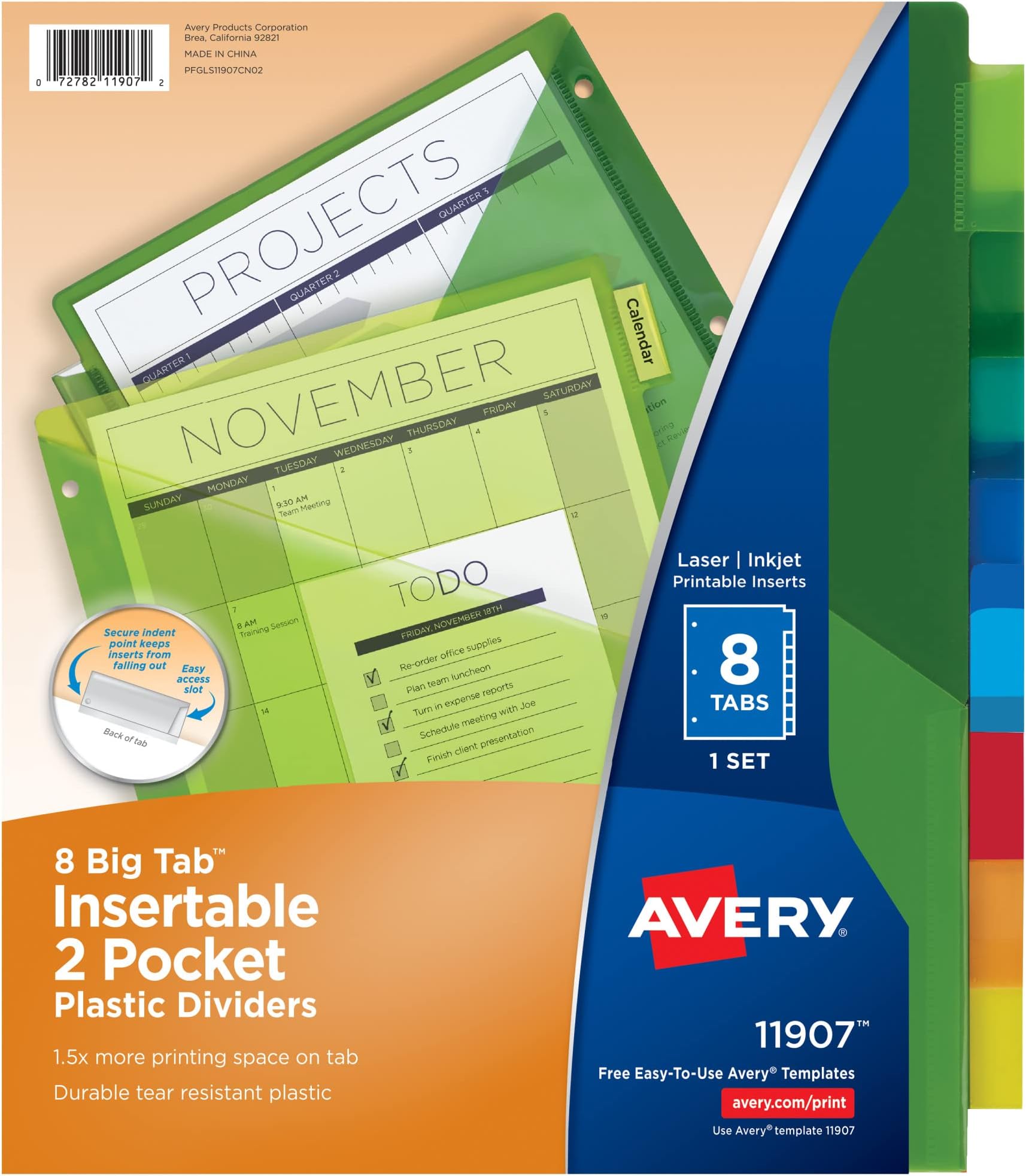 Avery Dividers for 3 Ring Binders, 8-Tab Sets, Two-Pocket Plastic Binder Dividers with Tabs, Multicolor, 1 Set (11907)