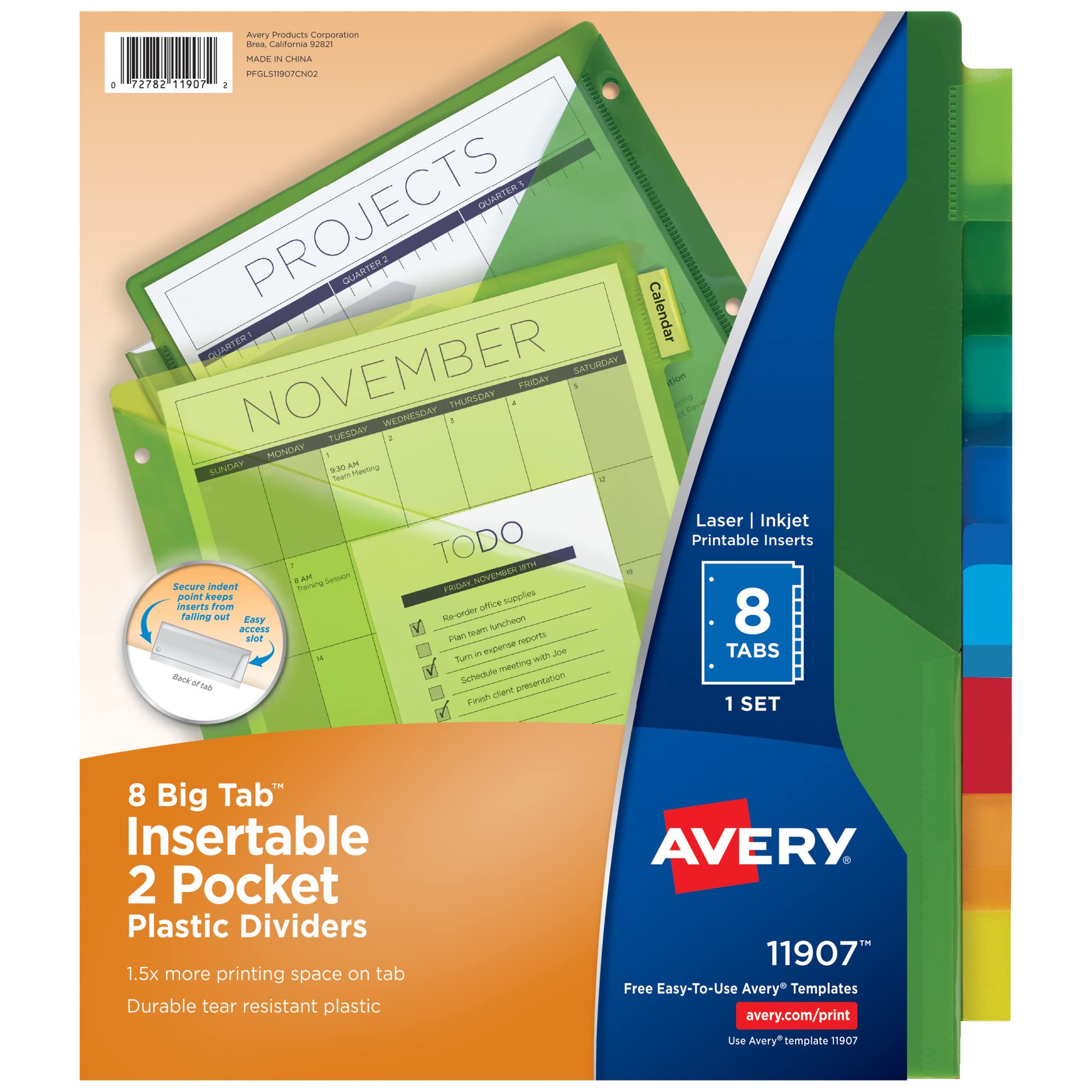 Avery 8-Tab Plastic Binder Dividers With Pockets, Insertable Multicolor Big Tabs, 1 Set (11907)