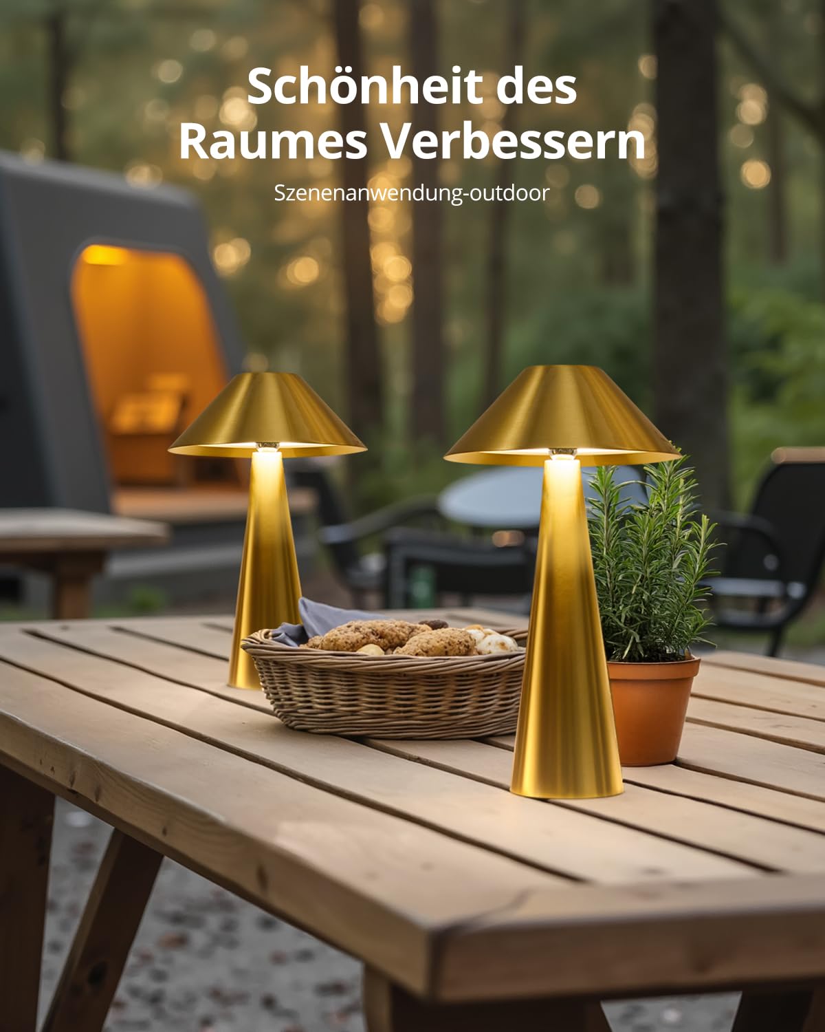 BOJIM Gold LED Tischlampe Kabellos Akku USB Aufladbar, Touch Dimmbare Tischleuchten mit Magnet Outdoor IP54 Wasserdicht, Schreibtischleuchte Ohne Kabel Lampenkopf Drehbar für Balkon Table, Indoor