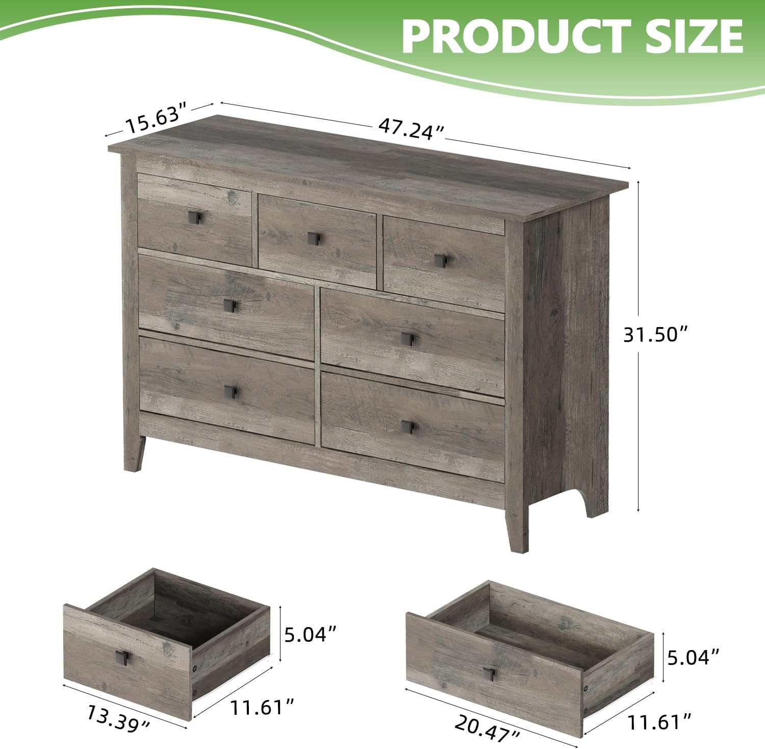 Vikiullf 7 Drawer Dresser - Wooden Bedroom Dressers, Grey Storage Drawers Cabinet for Bedroom, Living Room, Farmhouse Dresser Organizer, Rust Chest of Drawers