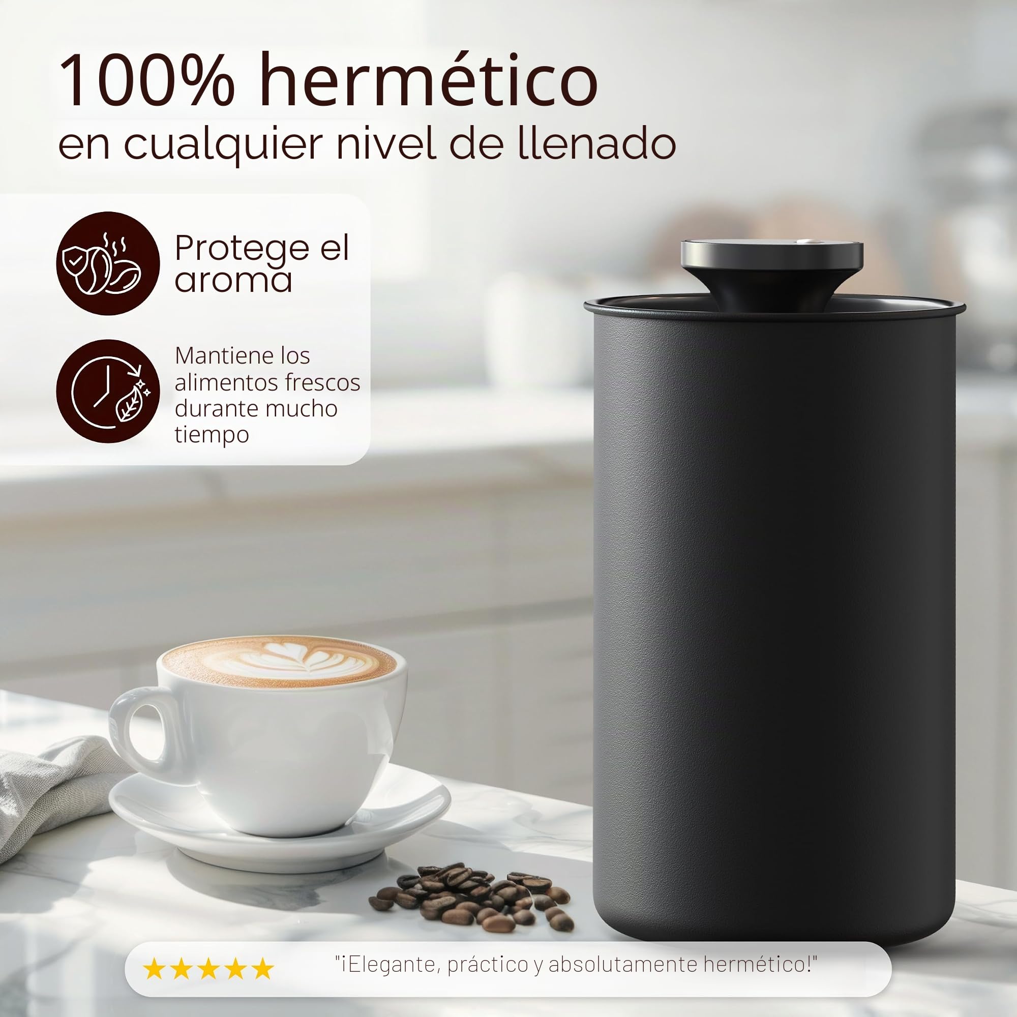 KC Kitchen & Co. Lata de café hermética para 500 gramos de granos de café, de acero inoxidable, con tapa al vacío y cierre de aroma, lata de almacenamiento para café, té, azúcar, cereales, color negro