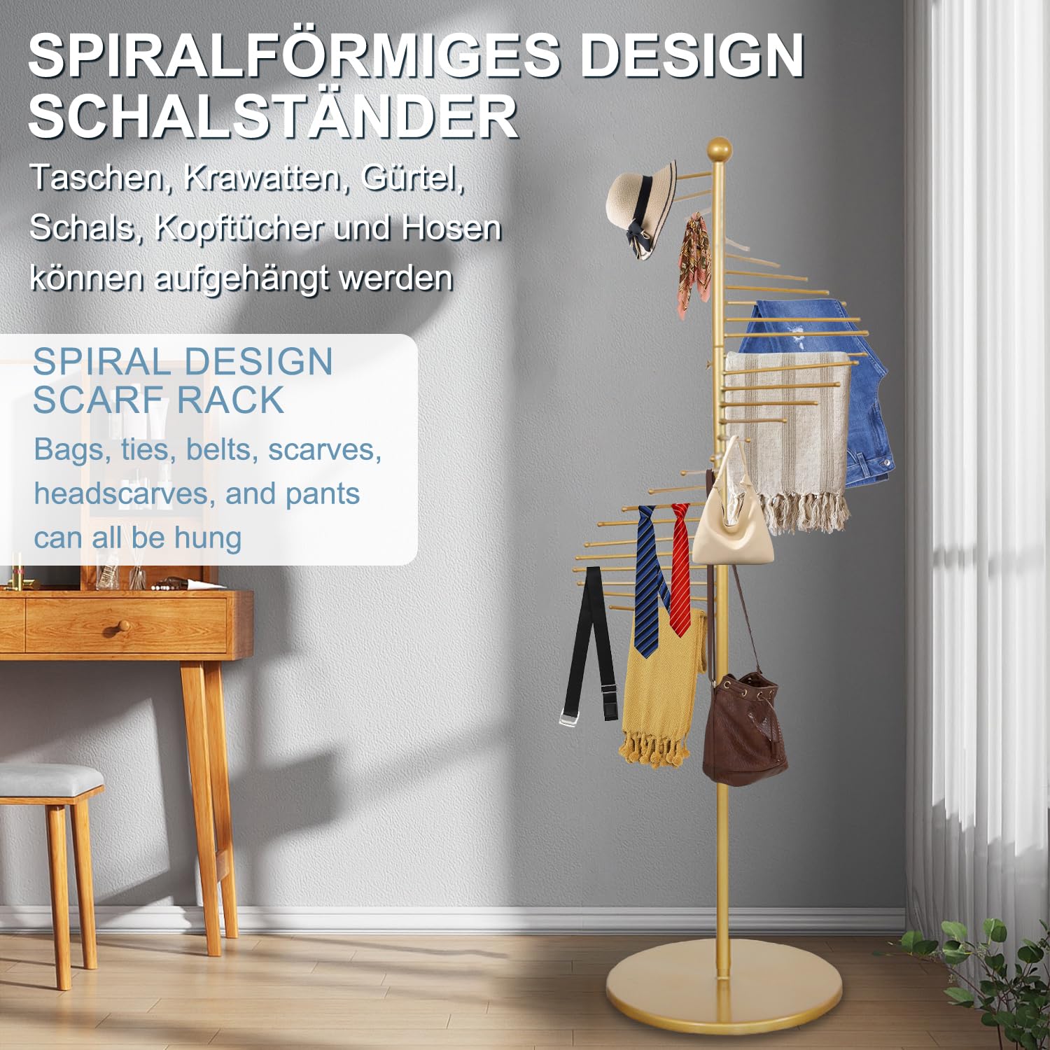 Portasciarpe, supporto per sciarpe in piedi, espositore commerciale, organizer a spirale in metallo con 30 stantuffi per vestiti, per sciarpe, cravatte, cinture, pantaloni, 170 cm x 42 cm