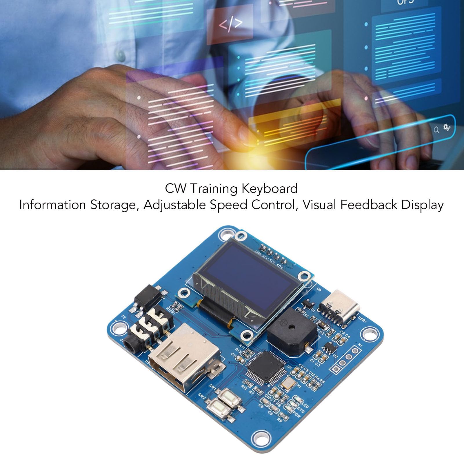 WALFRONT CW Trainer Interfaz USB Dispositivo de Práctica de Código Morse Teclado de Ejercicio de Código de Práctica de Telégrafo con Pantalla LED Orgánica