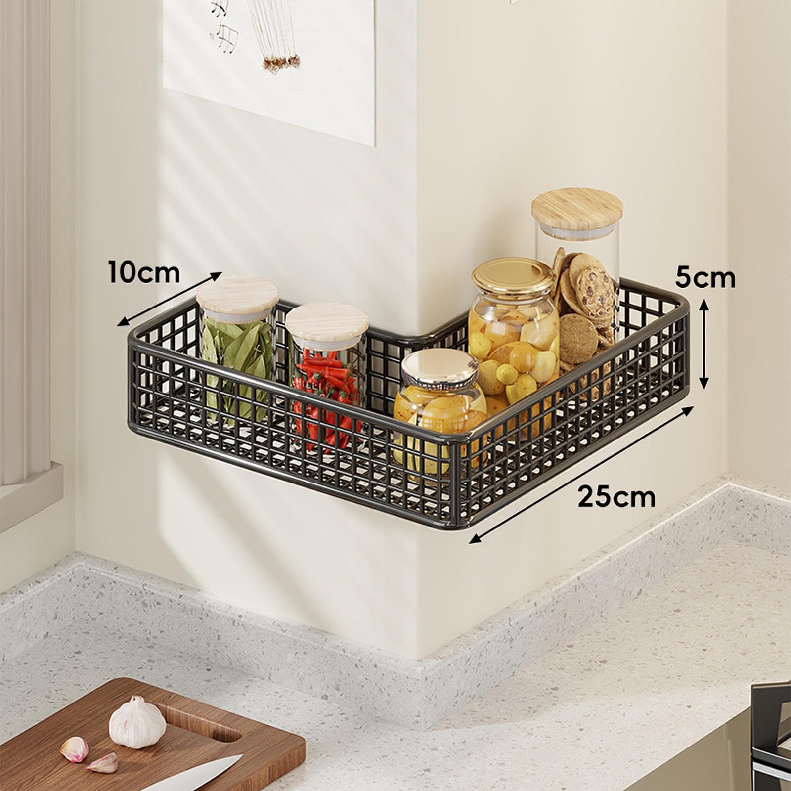 LOVIVER Mensola angolare per Doccia in Metallo, Supporto Adesivo, Senza Foratura, Organizer antiruggine per Cucina, Shampoo, WC, Nero 25x10x5cm