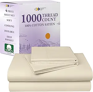 California Design Den Thick and Natural 100% Cotton Sheets King Size Set - Luxury 1000 Thread Count Sateen, Deep Pockets, Soft, Breathable and Durable Bedding Sheet Set - Ivory (Creamy Beige Tone)