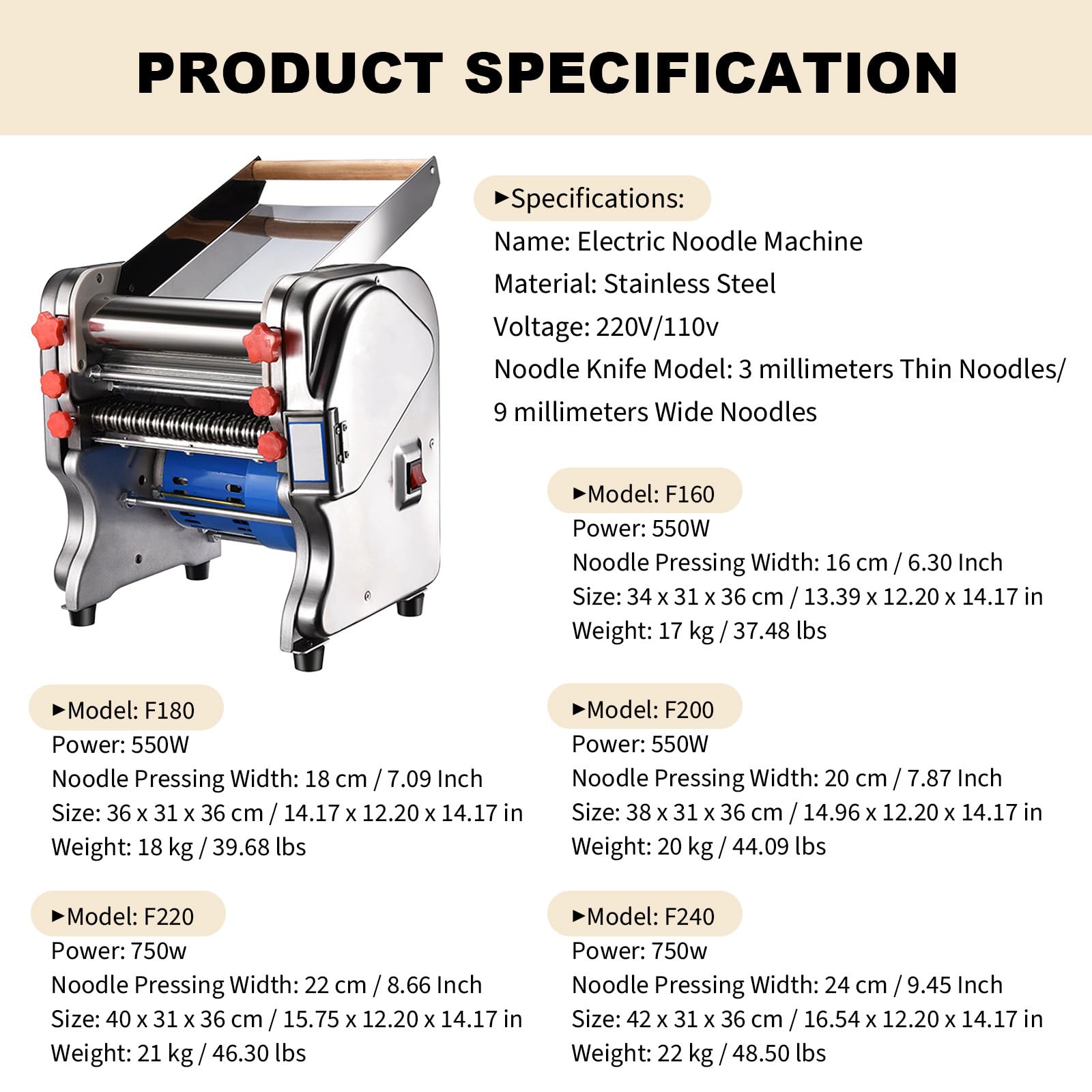 Machine à pâtes électrique Automatique 550 W avec Lames de 3 et 9 mm pour la préparation de pâtes à Spaghetti fraîches, modèle F200