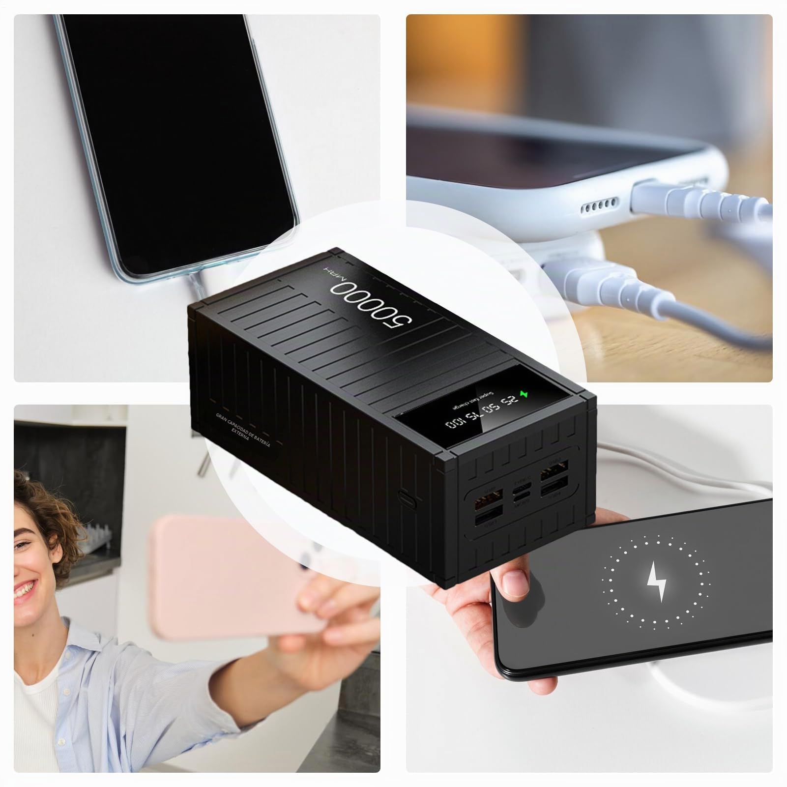 Power Bank 50000mAh Batería Externa, Cargador Portátil, Banco De Energía Portátil Carga Rapida 66w, Multifuncional para Teléfono con Pantalla LED para Senderismo, Camping, Viajes Al Aire Libre