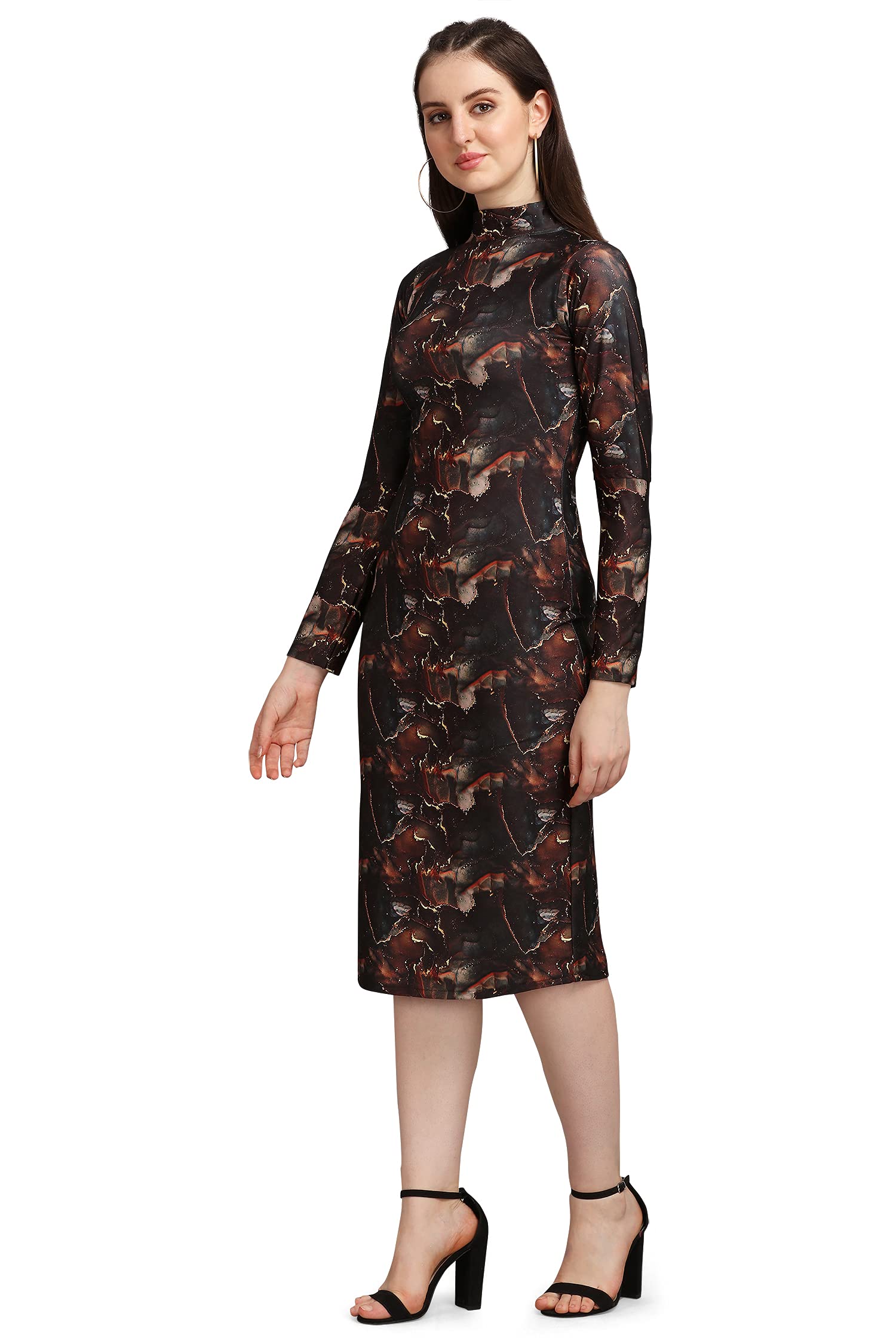 Purvaja Women's Polyester Blend Bodycon Knee Length Cocktail Dress (Siri-Turtle-Coco-S_Dark Brown