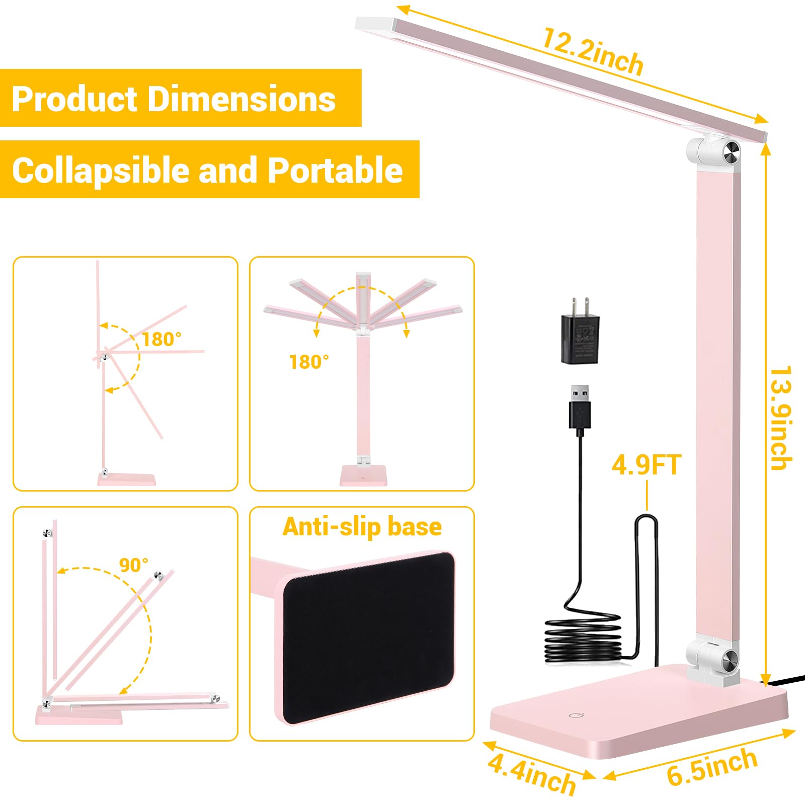 LED-Schreibtischlampe für Heimbüro, 3 Stufen, dimmbar, Lese-Schreibtischlampe mit USB-Ladeanschluss, Schreibtischzubehör, Touch-Steuerung, Tischlampe, augenschonende kleine Arbeitszimmerlampe für
