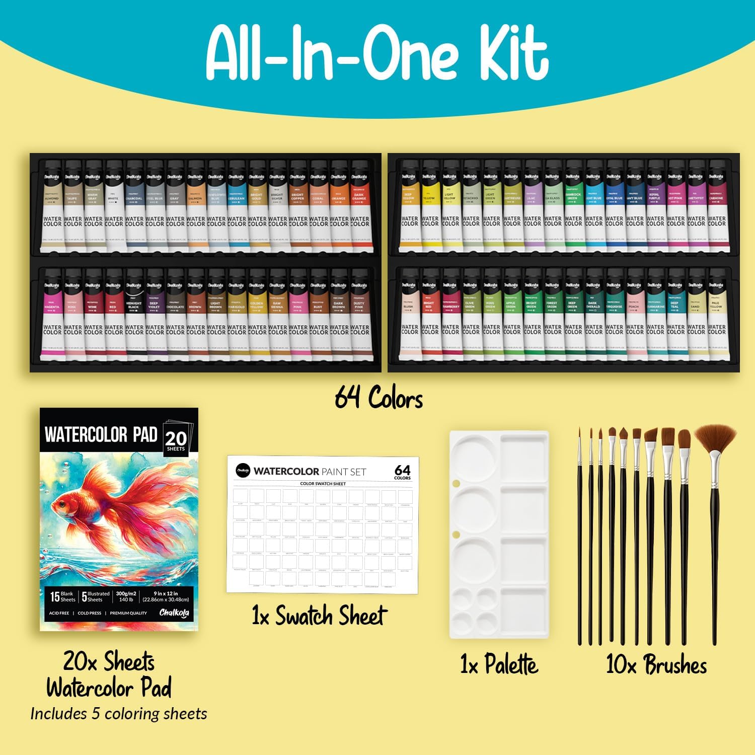 Chalkola Set di pittura ad acquerello, 64 tubetti di pittura ad acqua (12 ml, 11,3 g), 10 pennelli e 1 tavolozza, 20 tamponi per acquerelli, forniture artistiche per adulti, bambini, principianti e