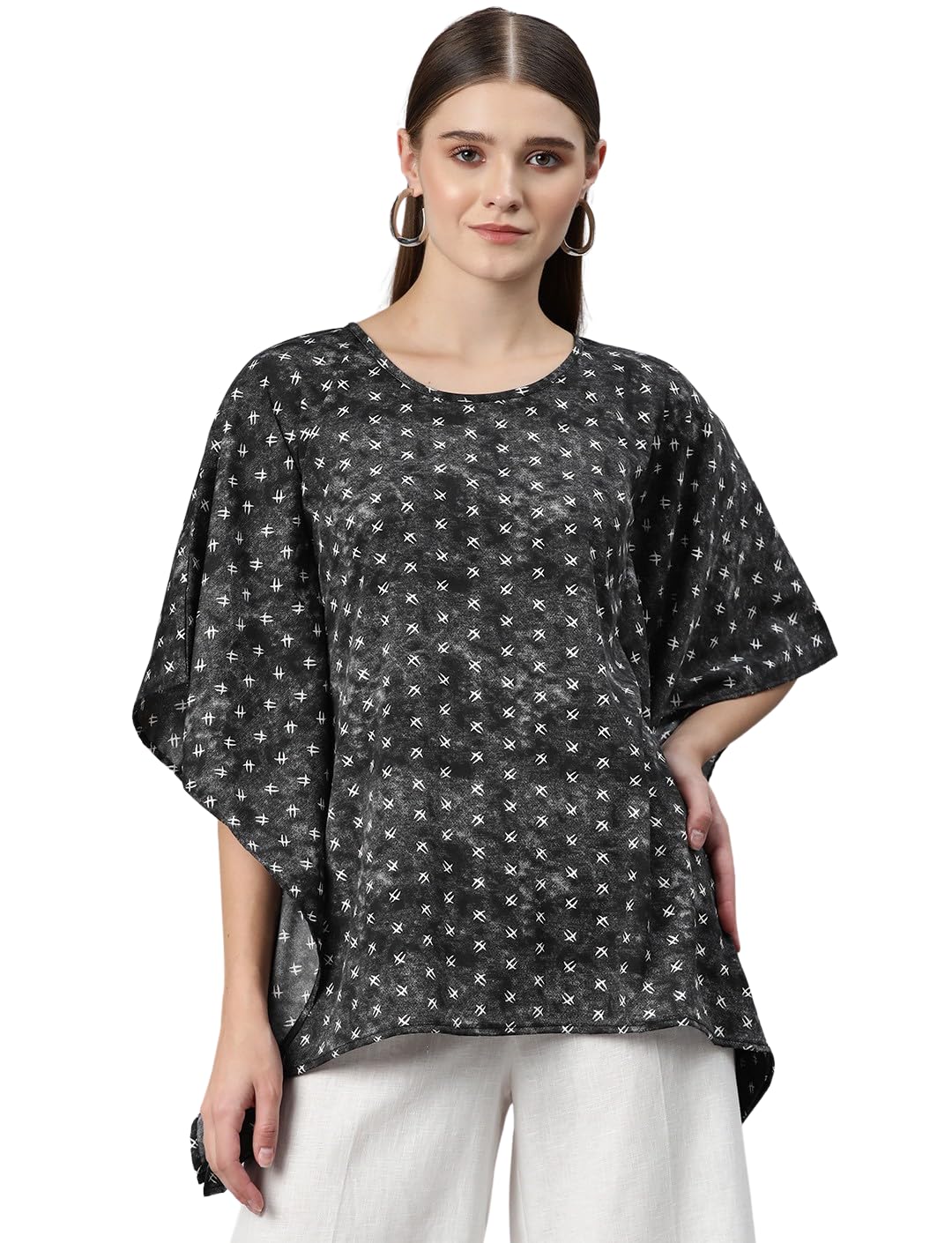 Print Kimono Sleeves Crepe Kaftan Longline Top-image-1