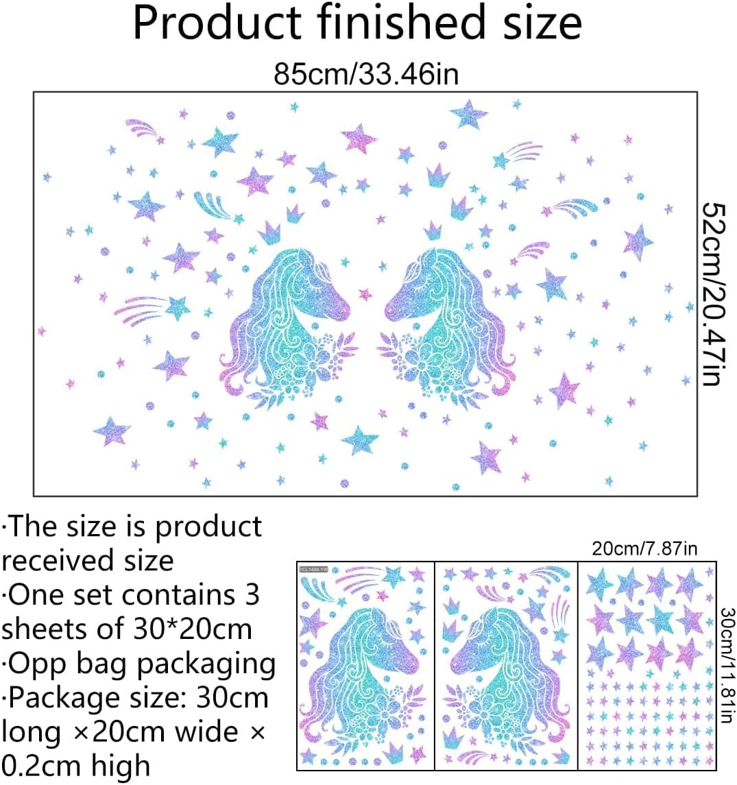 33.46 x 20.47 Inch Glow in The Dark Unicorns Wall Decals Unicorns Stars Wall Stickers Blue Luminous Glow Stars Ceiling Stickers Decor for Baby Girls Boys Bedroom Ceiling Nursery Room - Image 6