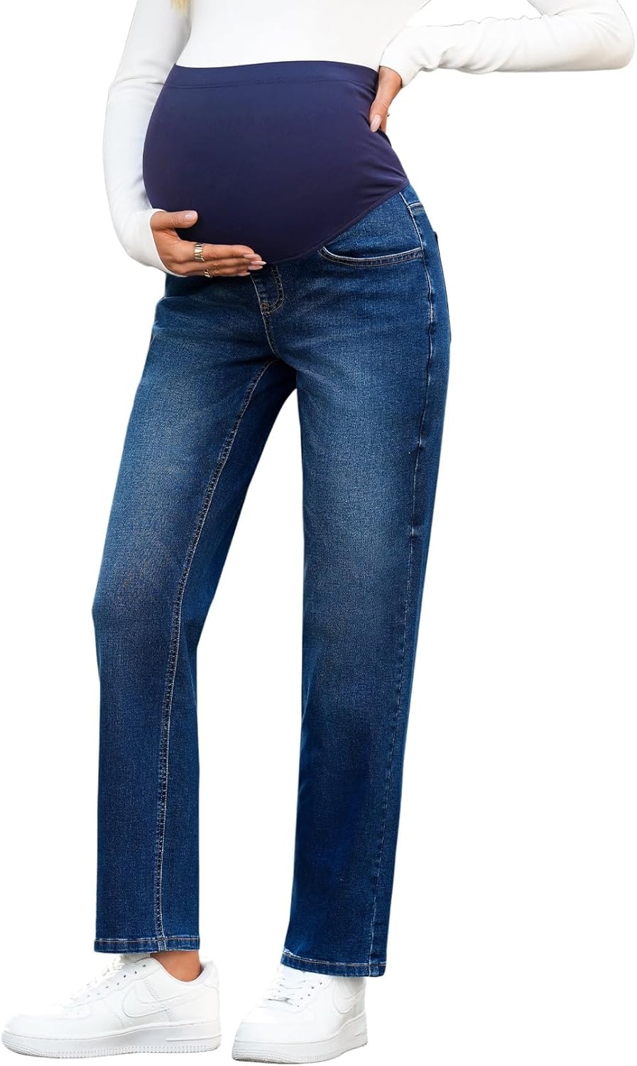 BLENCOT Women's Over The Belly Maternity Ankle Jeans Stretchy Denim Pregnancy Pants with Pockets