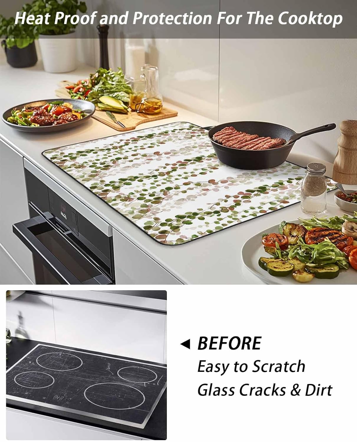 Stove Top Cover Green Yellow Eucalyptus Leaves Stove Cover for Electric Stove Top Leaf Vines Glass Cooktop Covers Anti-Slip Mat Heat Resistant Countertop Protector Kitchen Decor 28.5"x20.5"