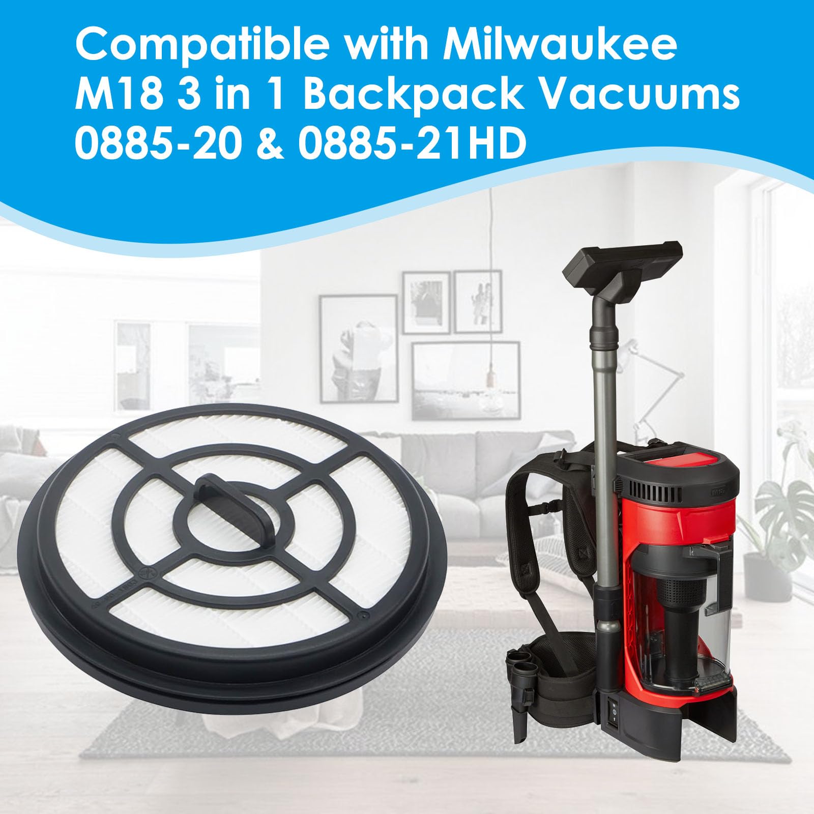 HEPA-Filter, kompatibel mit Milwaukee M18 3-in-1 Rucksack-Staubsauger, passend für 0885-20 0885-21HD, 3 Stück