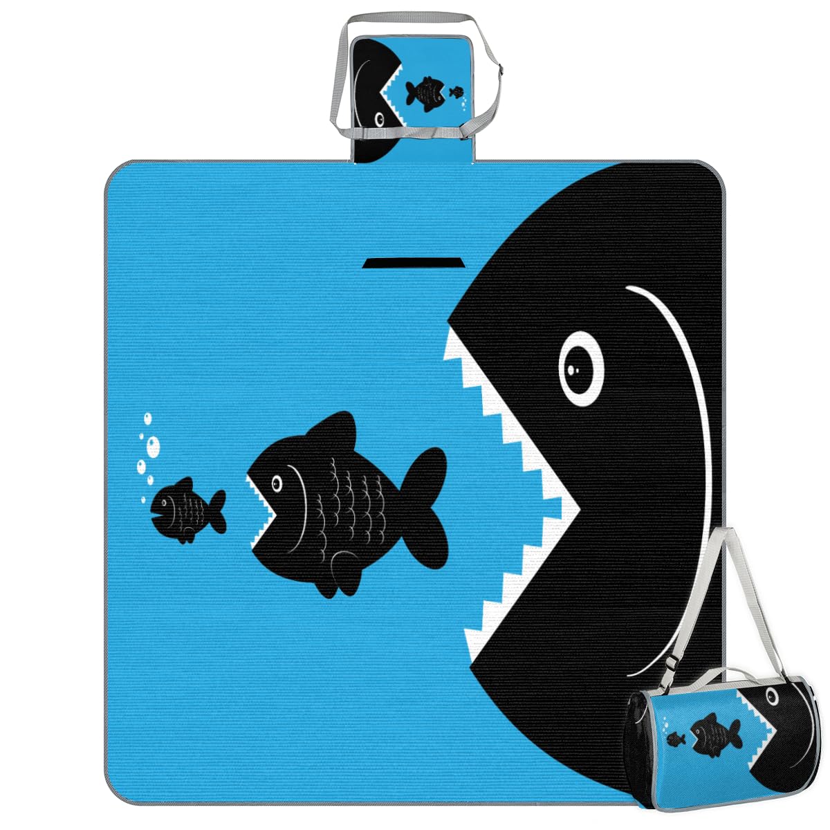Shimoshe Picnic Blankets 57”x 59”, Funny Fish Eat Fish Waterproof Sandproof Picnic Mat Lightweight Foldable Beach Blanket for Camping Park Grass Beach Outdoor Blanket