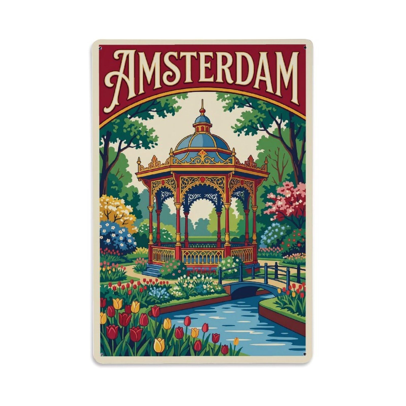 Vintage Travel Pavilion Netherlands Garden（1） Metal Tin Sign Plaque Wall Decor for Cafe, Club Bar, Office, Home Garden Metal Poster 8x12Inch