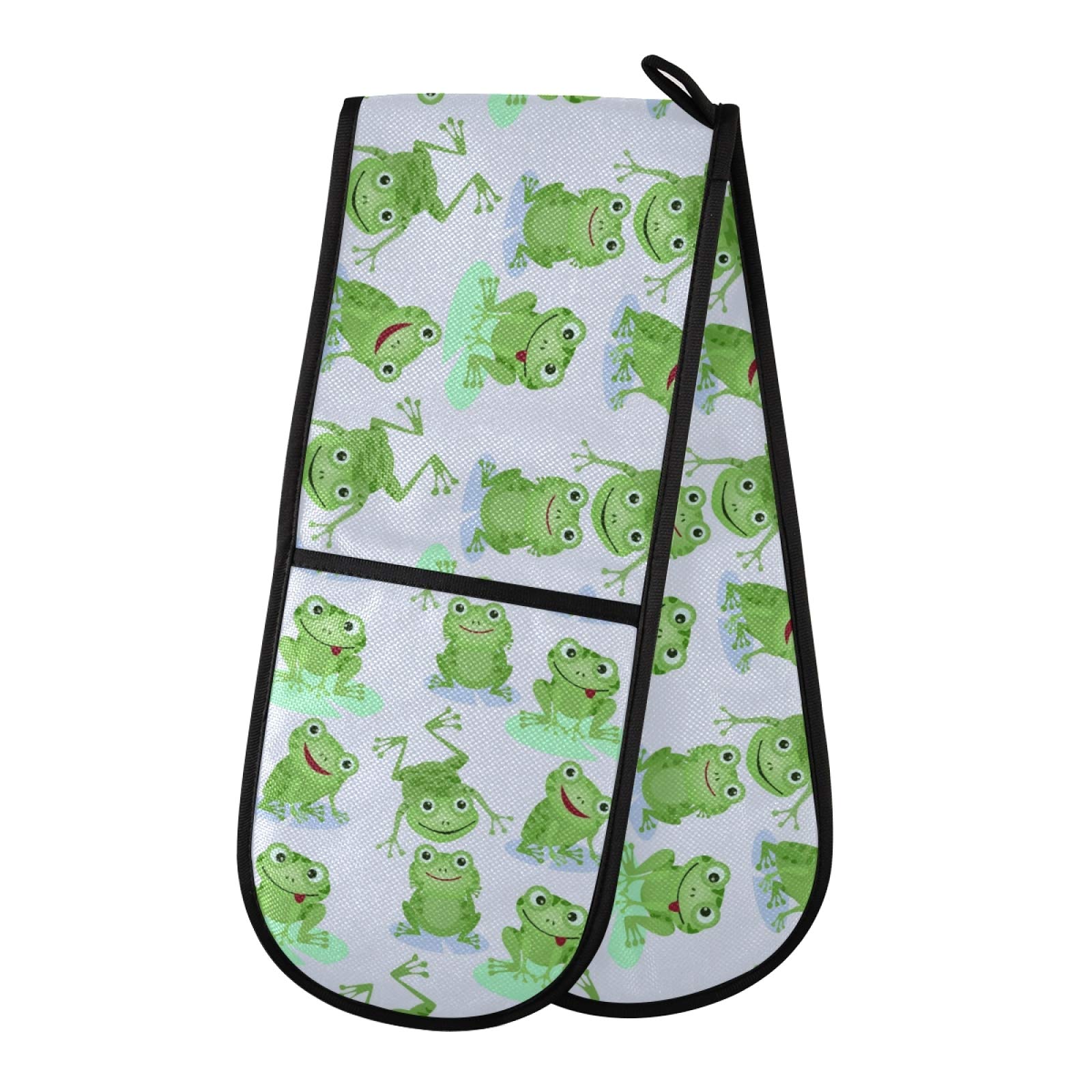 PUXUQU Oven Gloves Double Oven Mitts Gloves, Cute Green Frogs Heat Resistant Oven Gloves for Baking BBQ Kitchen Cooking Gloves