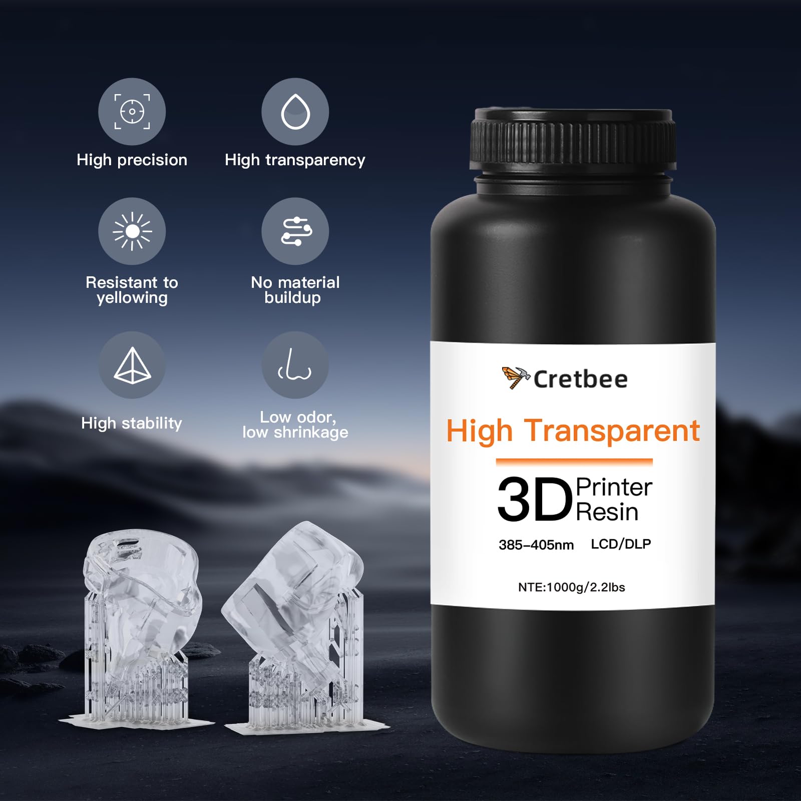Resina di stampa 3D ultra trasparente - Alta trasparenza, basso ingiallimento, 385 nm resina fotopolimerica per occhiali, cuffie e artigianato, rapido indurimento UV per stampanti 3D DLP/LCD