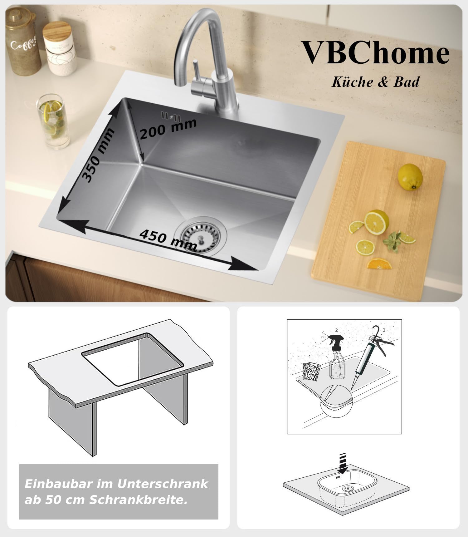 VBChome Edelstahlspüle mit Armatur 50 x 45 cm Gebürsteter Edelstahl Einbauspüle mit Hahnloch Edelstahl Küchenspüle Groß Becken Ablaufgarnitur Siphon Edelstahlspüle Armatur mit Flexiblem Auslauf