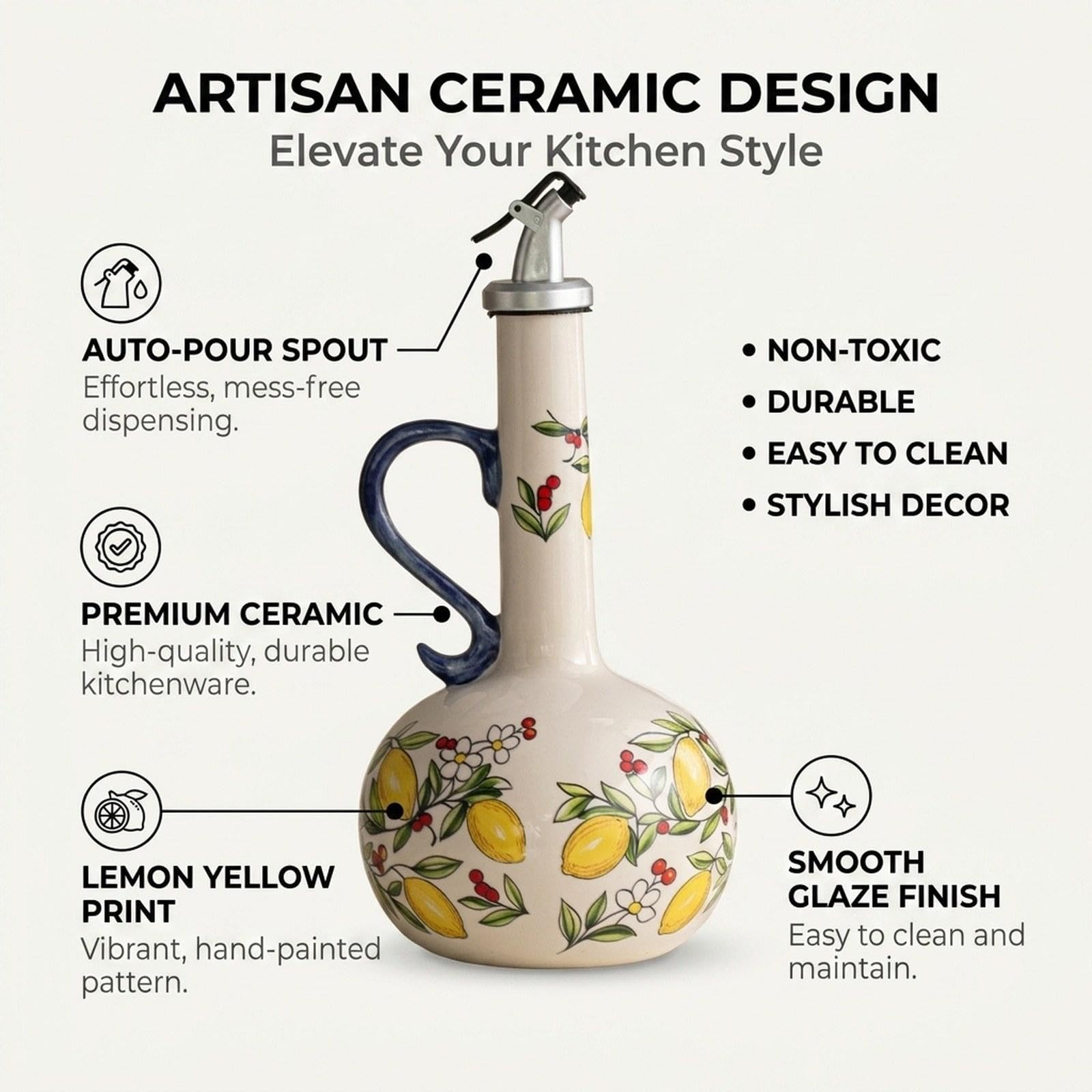 Botella Dispensadora Aceite Vinagre Cerámica Oliva Tarro Moderno Creativo Diseño Vertido Fácil Contenedor Líquidos para Cocinar Servir Hogar Restauran, Amarillo, Individual