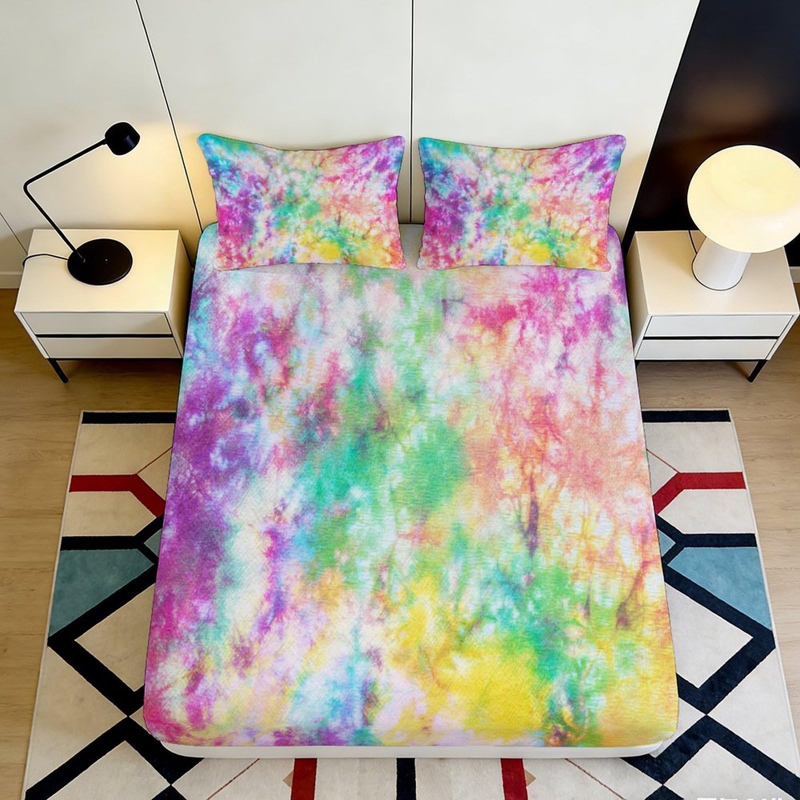 3D Printed Watercolor Tie Dye Fitted Sheet Microfiber Soft Color Splash Mattress Cover for Bedroom Guest Room Decor 90x200x25cm