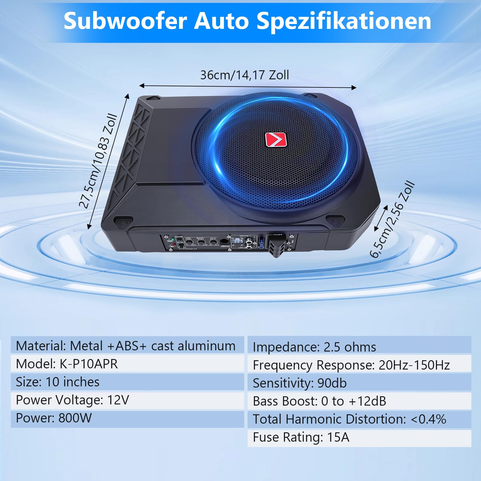 Aktiver 10 Zoll Subwoofer Ultraflach 800W 2.5 Ohm unter Sitz Fernbedienung | Aktivsubwoofer für Auto, 20-150Hz Frequenzgang, 90dB Empfindlichkeit, Aluminiumgehäuse mit Fernregler und Schutzschaltungen